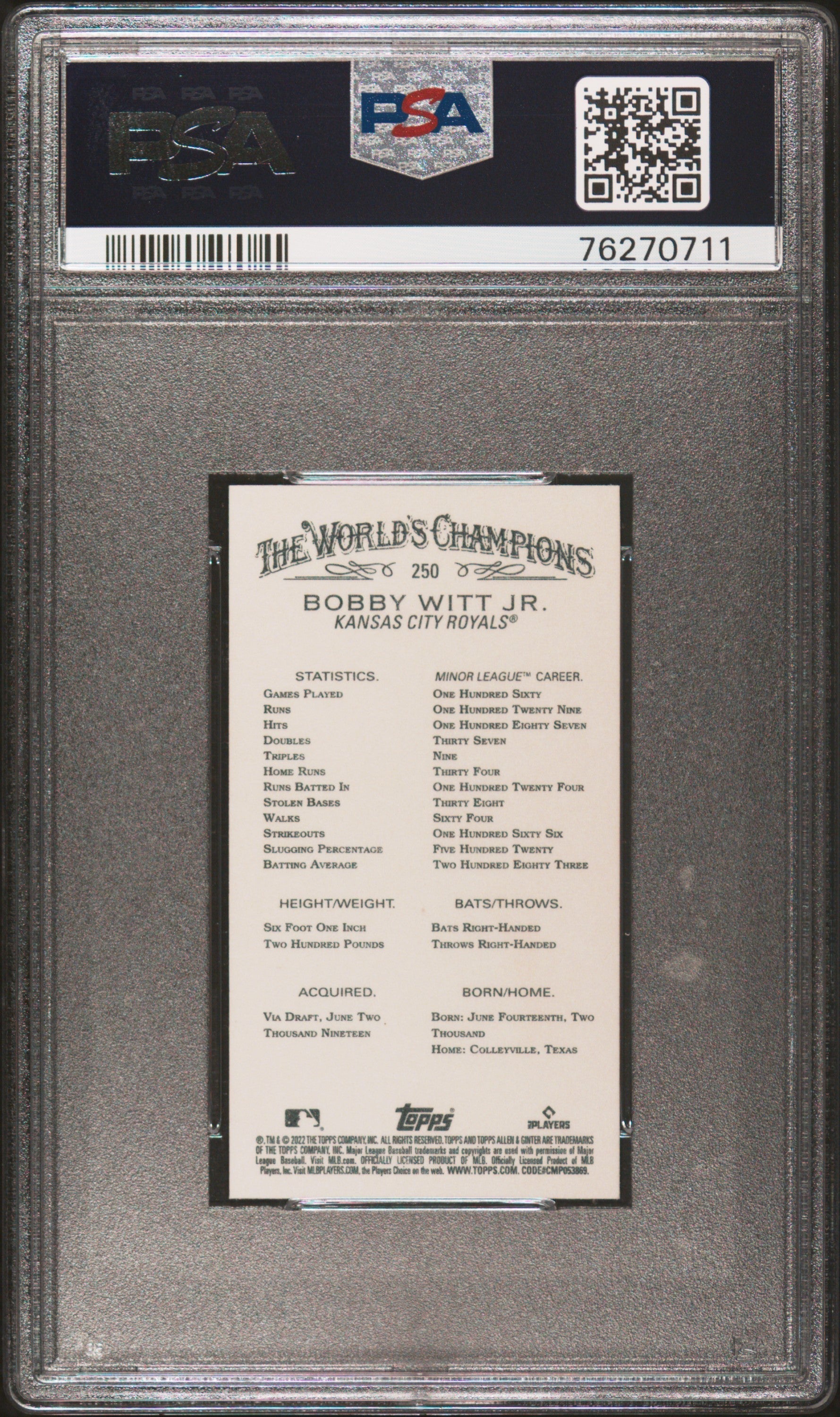 Graded 2022 Topps Allen & Ginter X Bobby Witt Jr. #250 Mini Rookie RC Baseball Card PSA 10 Gem Mint