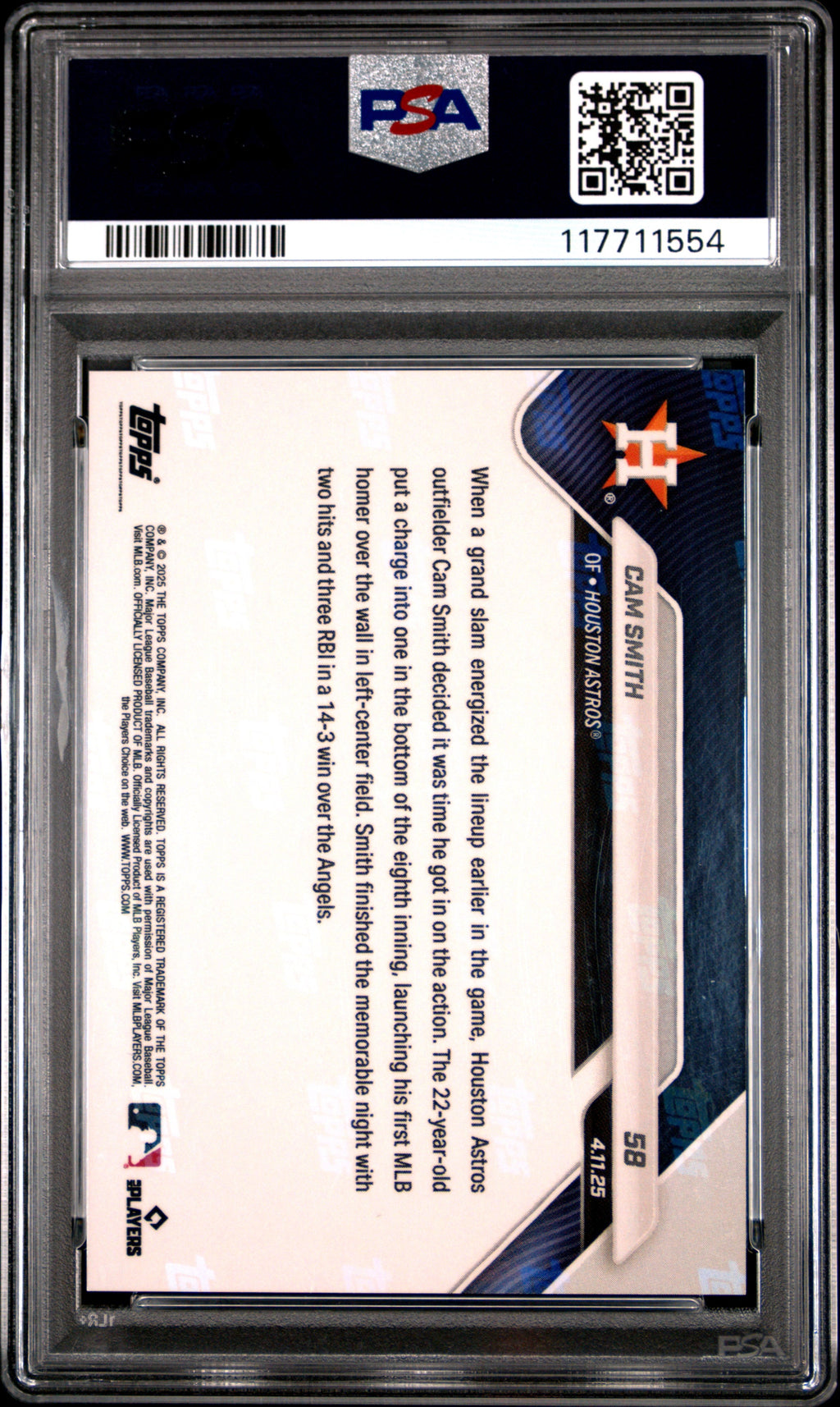 Graded 2025 Topps Now Cam Smith #58 Black Foil /10 Rookie RC Baseball Card PSA 10 Gem Mint