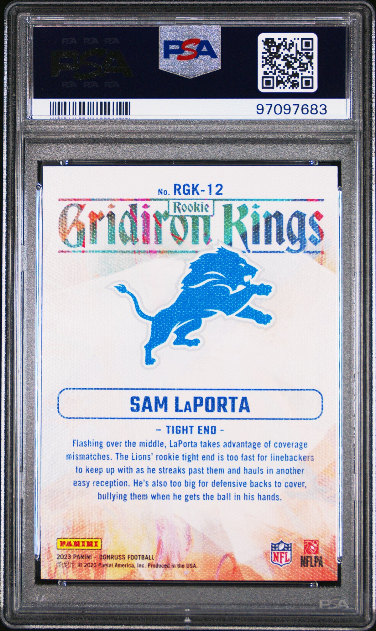 Graded 2023 Panini Donruss Sam LaPorta #RGK12 Rookie Gridiron Kings Rookie RC Football Card PSA 10 Gem Mint
