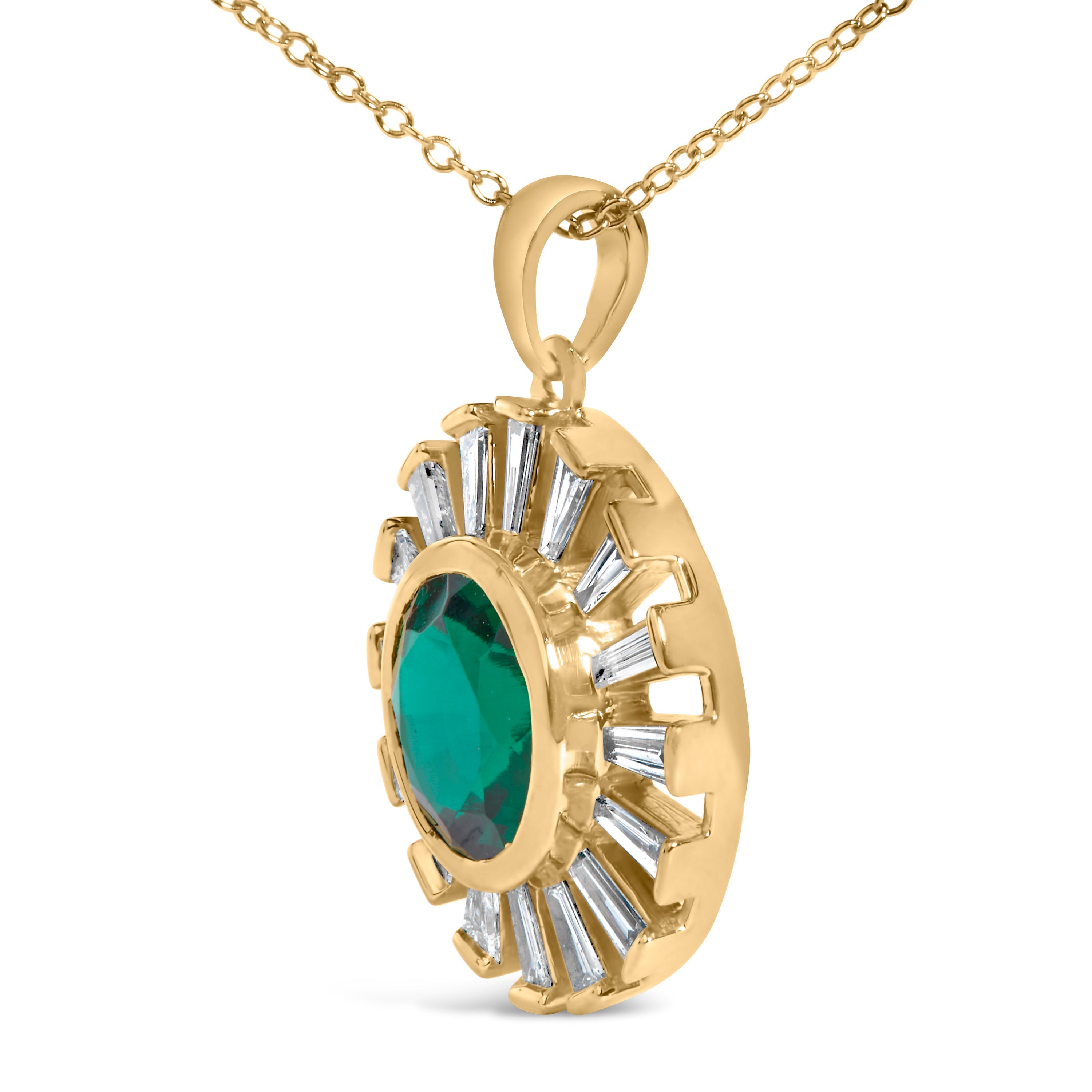 14K Yellow Gold Plated Sterling Silver Lab Grown Emerald and Baguette Diamond Sunburst Medallion Pendant Necklace