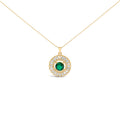 14K Yellow Gold Plated Silver Lab Grown Emerald and Diamond Sunburst Medallion Pendant Necklace