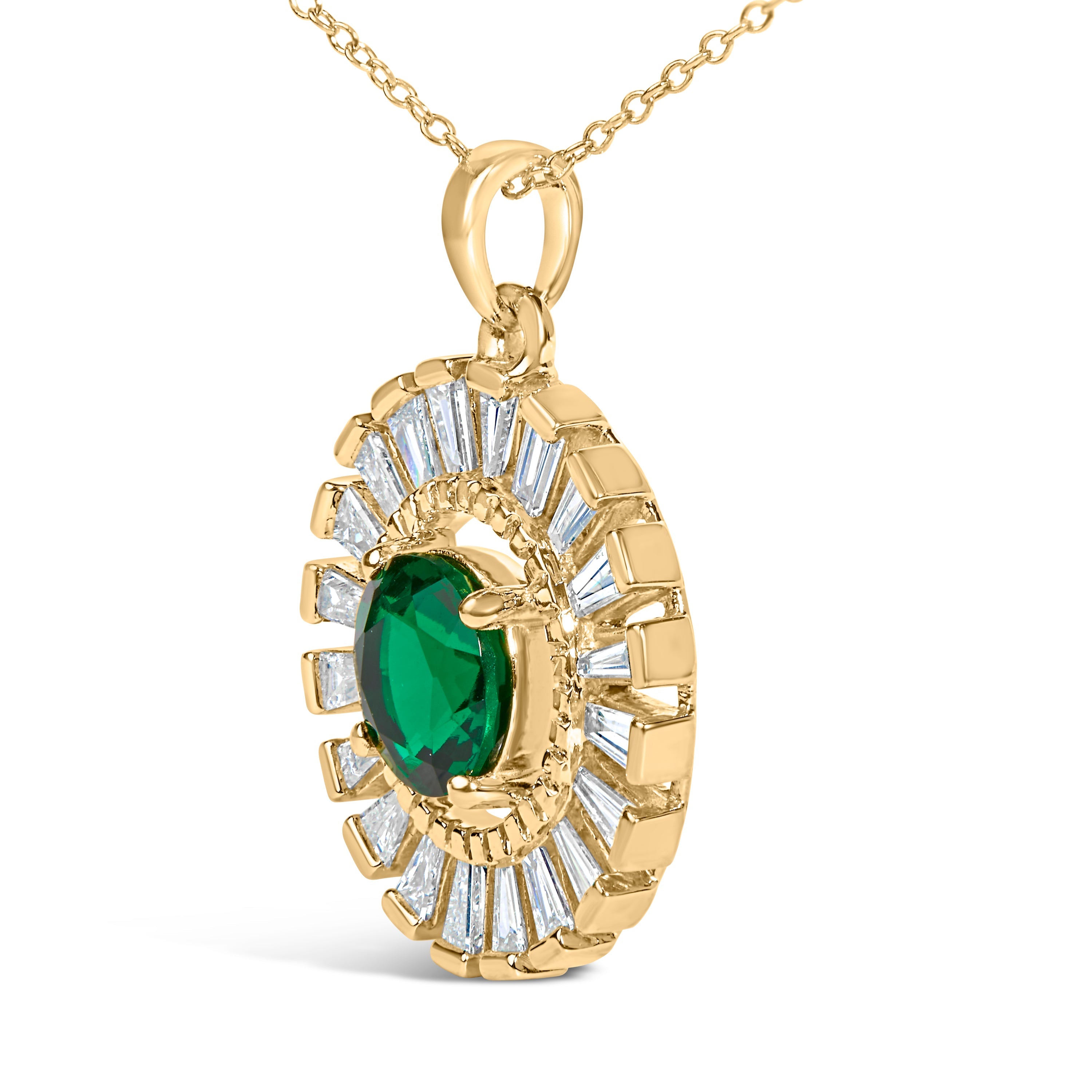 14K Yellow Gold Plated Silver Lab Grown Emerald and Diamond Sunburst Medallion Pendant Necklace