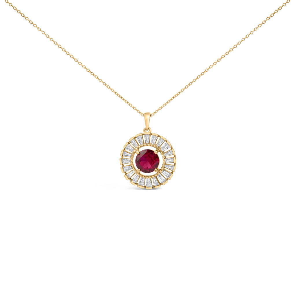 14K Yellow Gold Plated Sterling Silver Lab Grown Ruby and Diamond Medallion Pendant Necklace