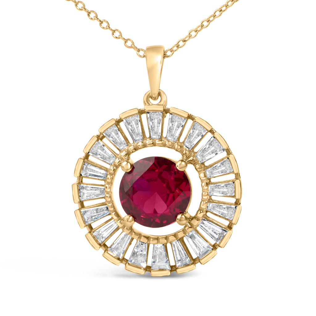 14K Yellow Gold Plated Sterling Silver Lab Grown Ruby and Diamond Medallion Pendant Necklace