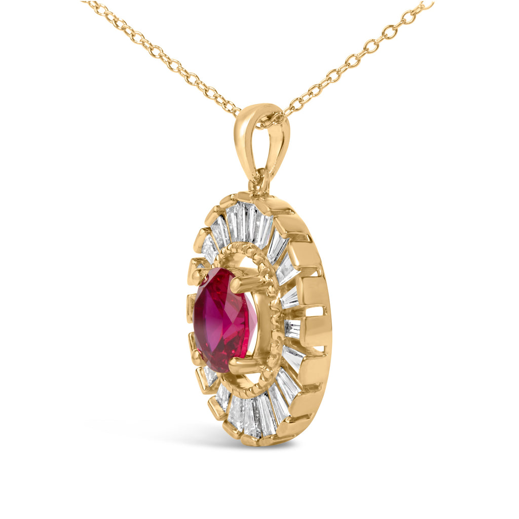 14K Yellow Gold Plated Sterling Silver Lab Grown Ruby and Diamond Medallion Pendant Necklace