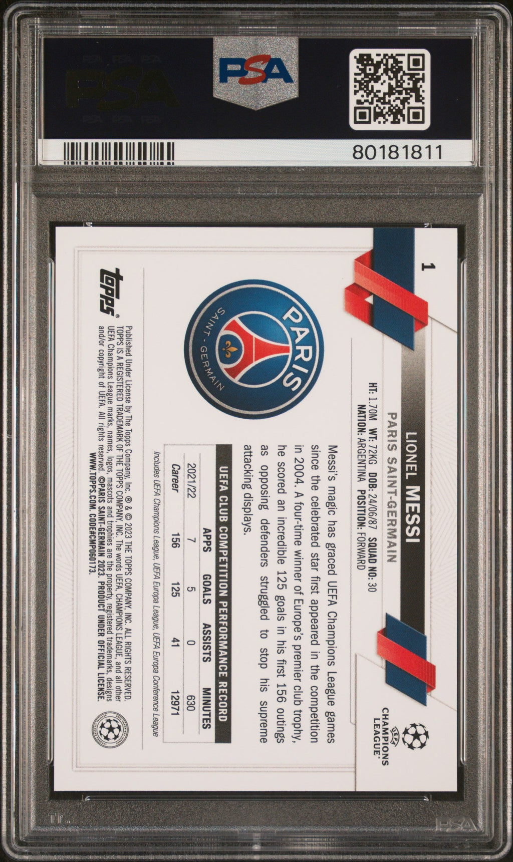 Graded 2022 Topps Chrome UCC Lionel Messi #1 Soccer Card PSA 10 Gem Mint