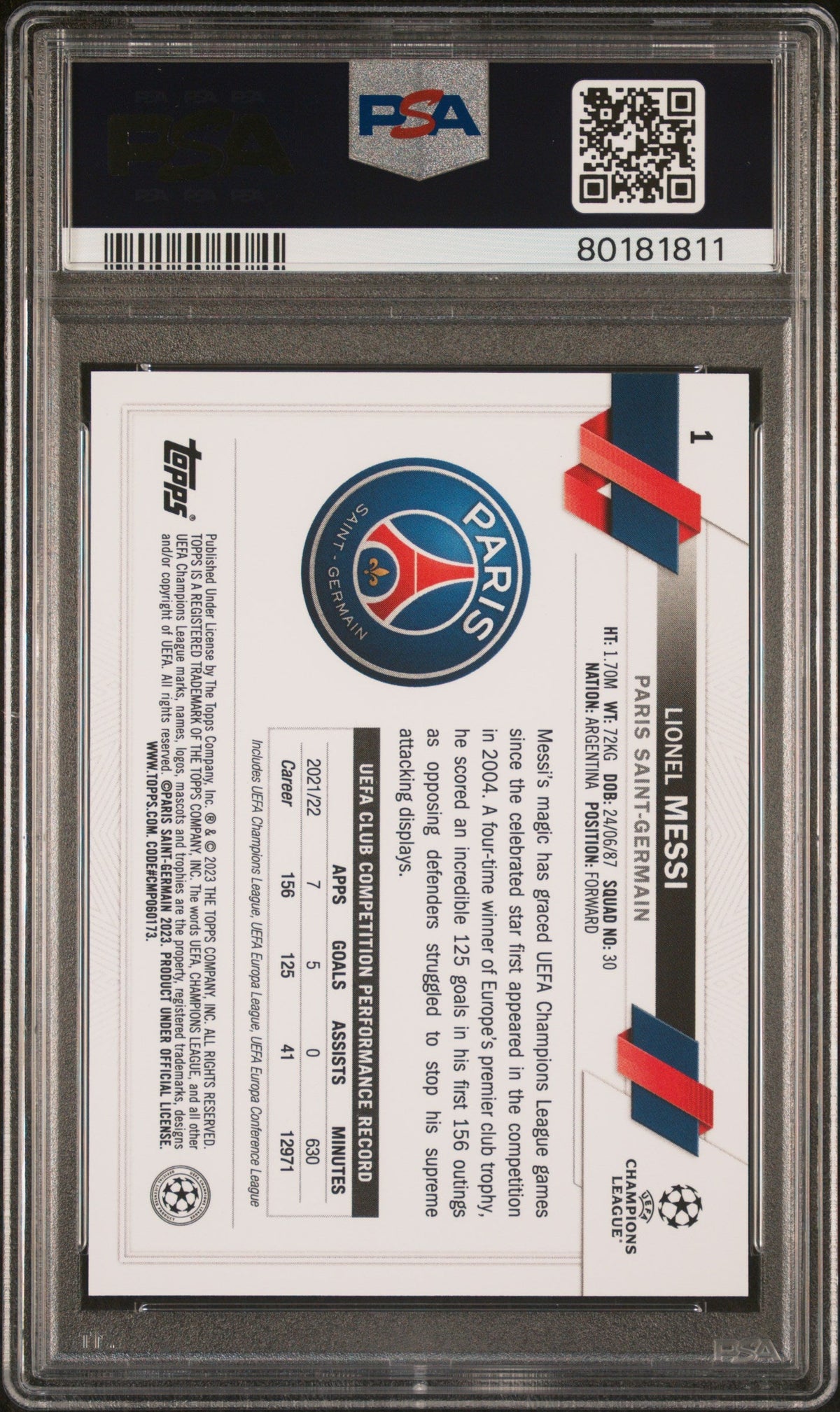 Graded 2022 Topps Chrome UCC Lionel Messi #1 Soccer Card PSA 10 Gem Mint