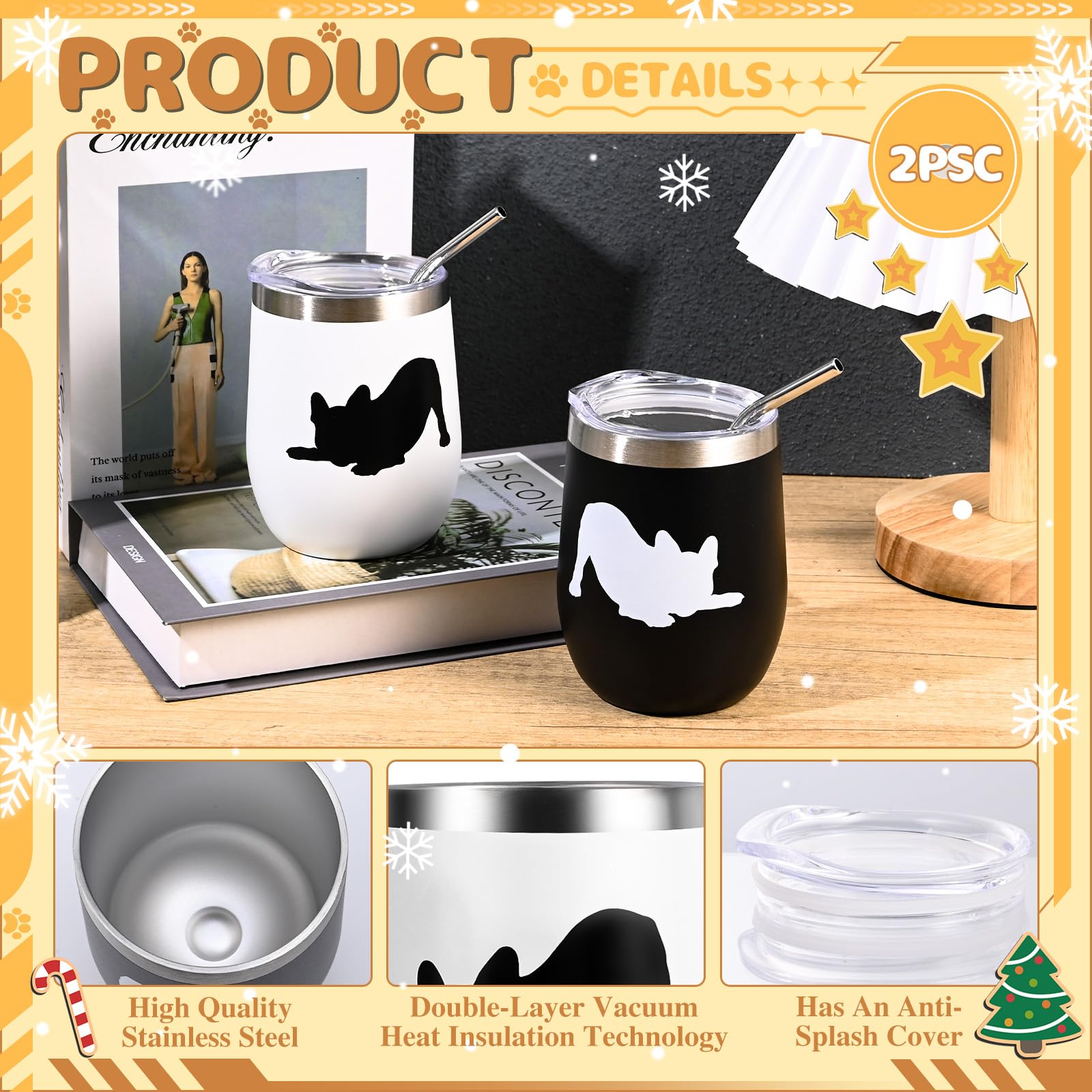 Yoiemivy French Bulldog Insulated Wine Tumbler Set 2, 12oz, Christmas Gift