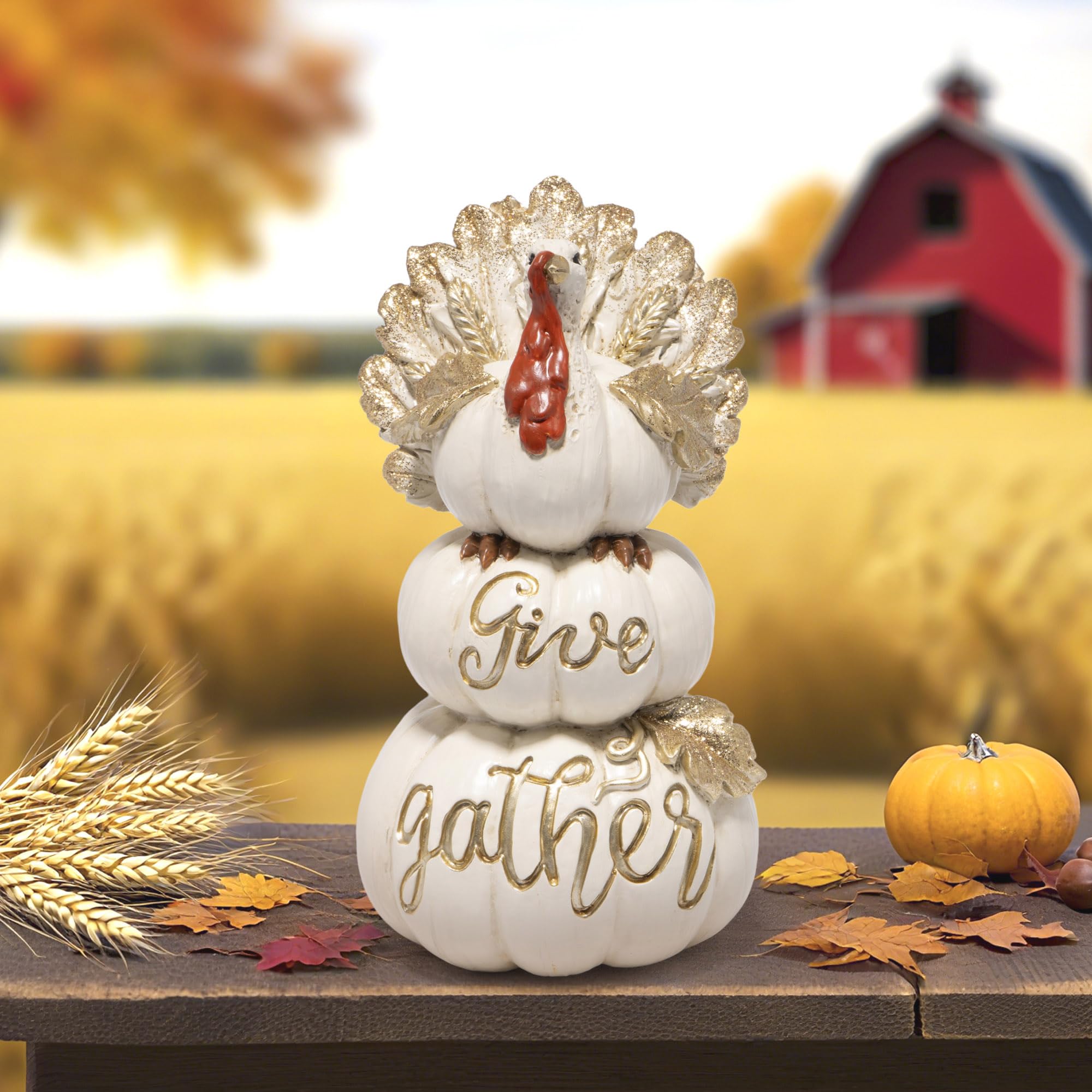 Hodao Thanksgiving Pumpkin Turkey Figurine 3 Stacked Pumpkins White Resin