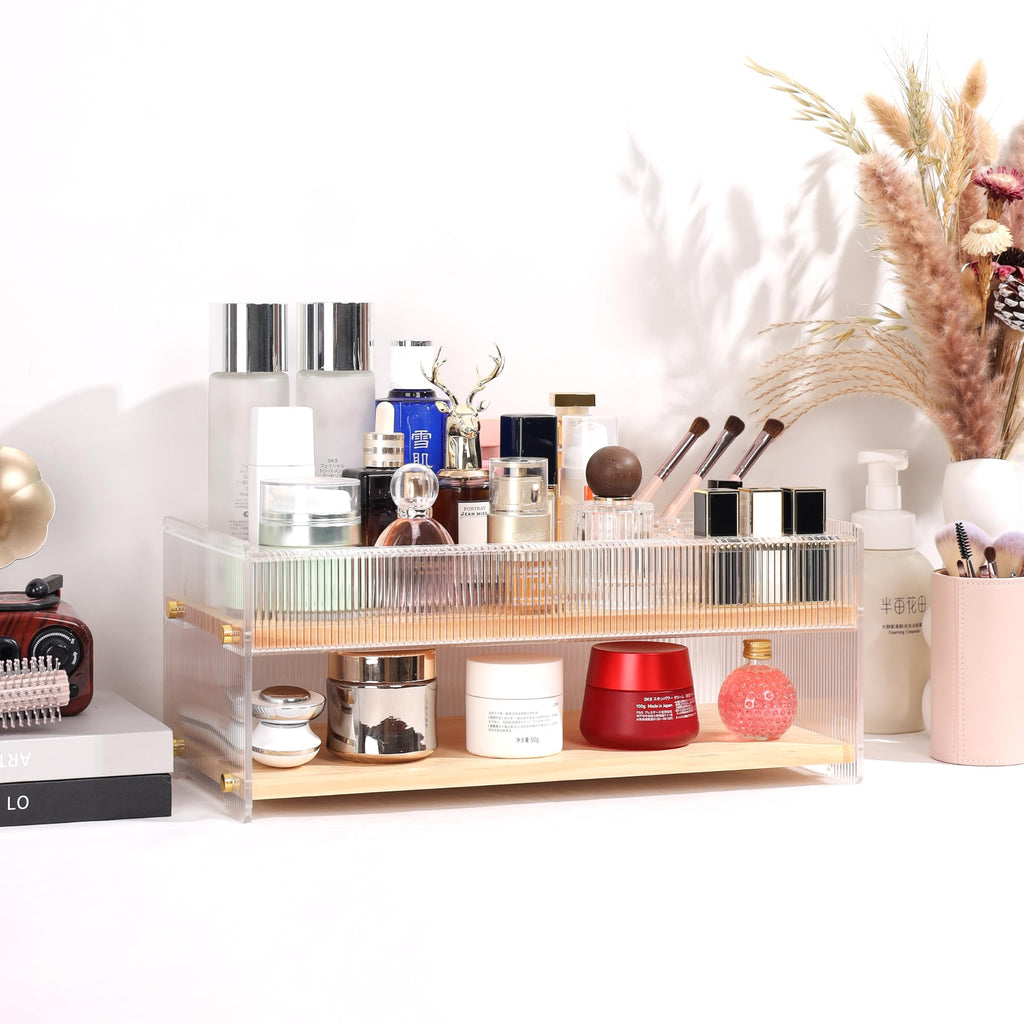 KAOTGOT Pine Wood Acrylic Makeup Organizer with Brush & Lipstick Holder