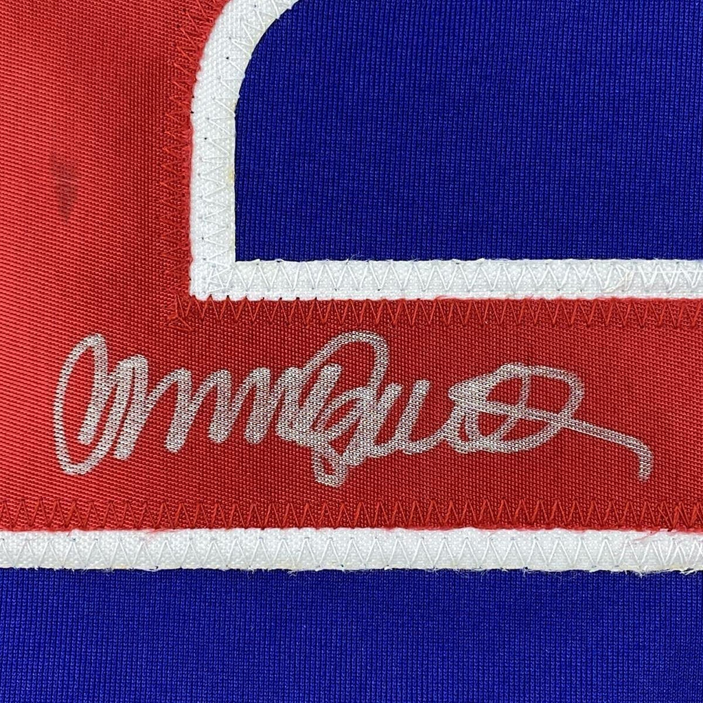 Framed Autographed/Signed Ryne Sandberg 35x39 Chicago Blue Baseball Jersey JSA COA