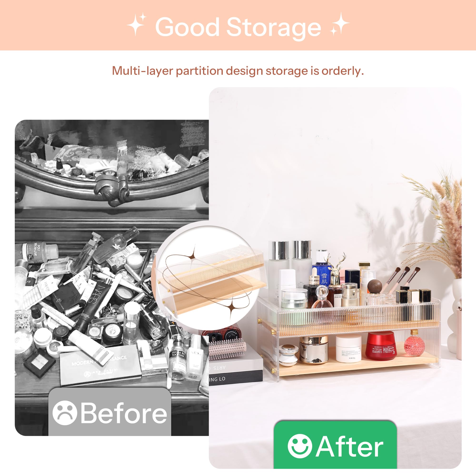KAOTGOT Pine Wood Acrylic Makeup Organizer with Brush & Lipstick Holder