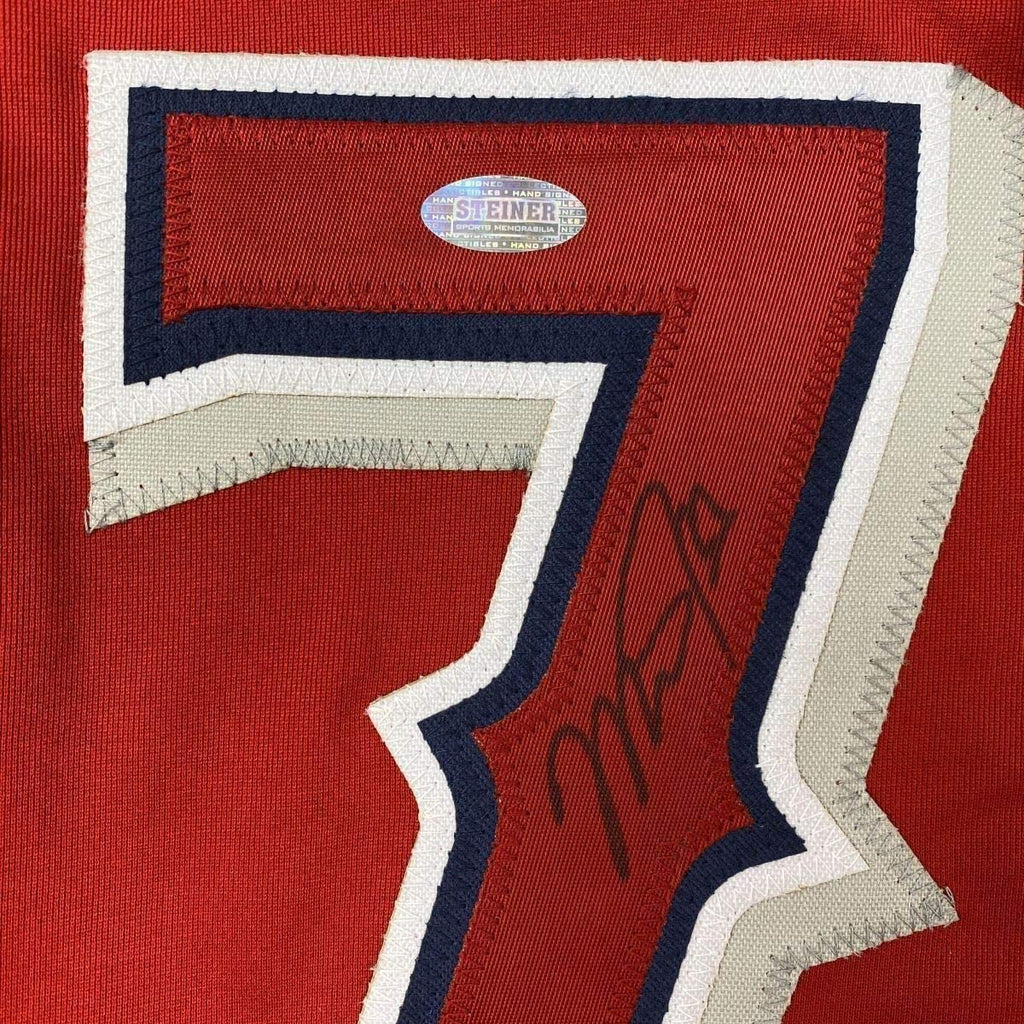 Framed Autographed/Signed Mike Trout 35x39 Los Angeles Red Baseball Jersey Steiner Sports COA Hologram Only