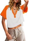 ReachMe Womens Color Block Crop Top V Neck Orange Basic Tee Size L