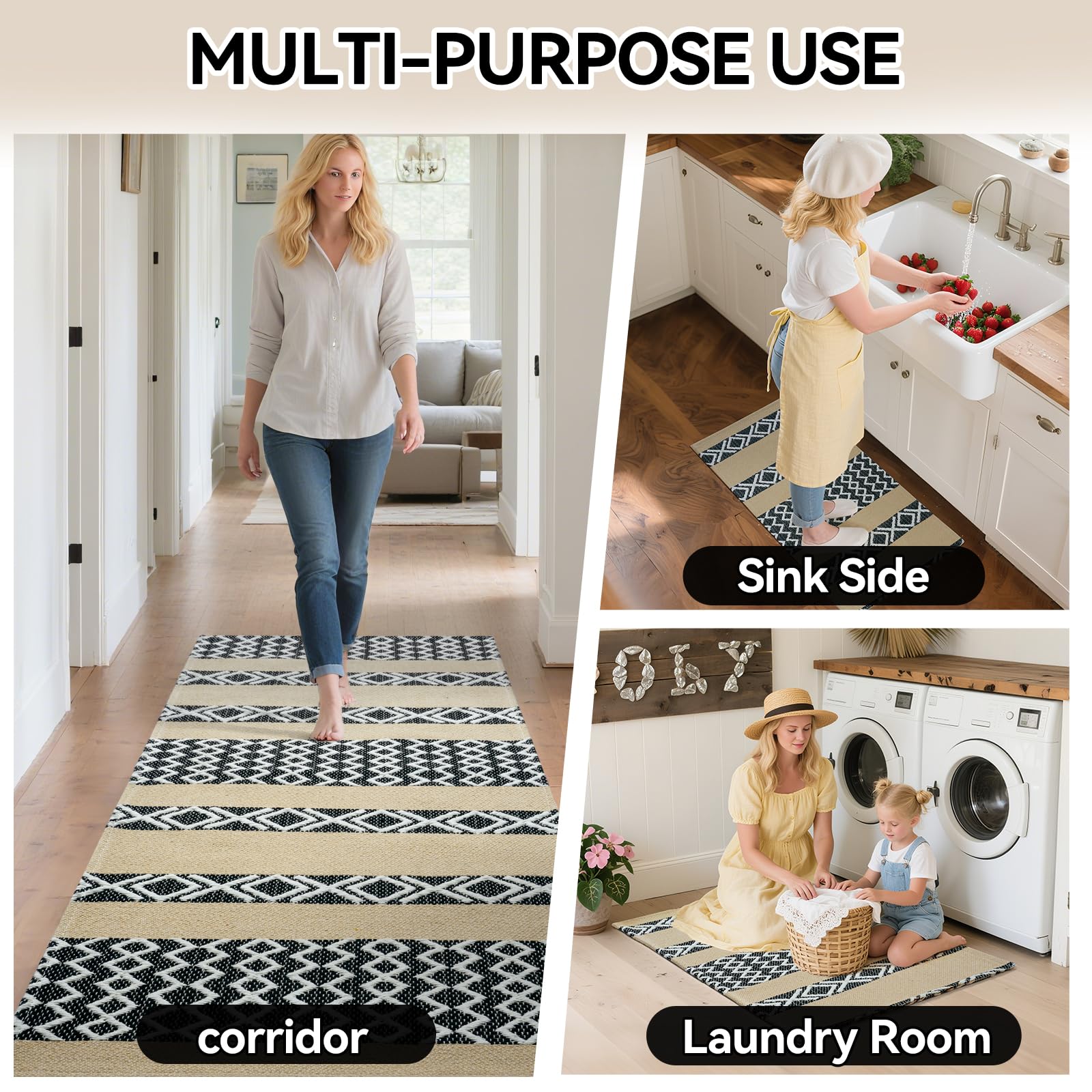 QiCaiJia Boho Runner Rug Brown Low Pile Polypropylene 24x47in