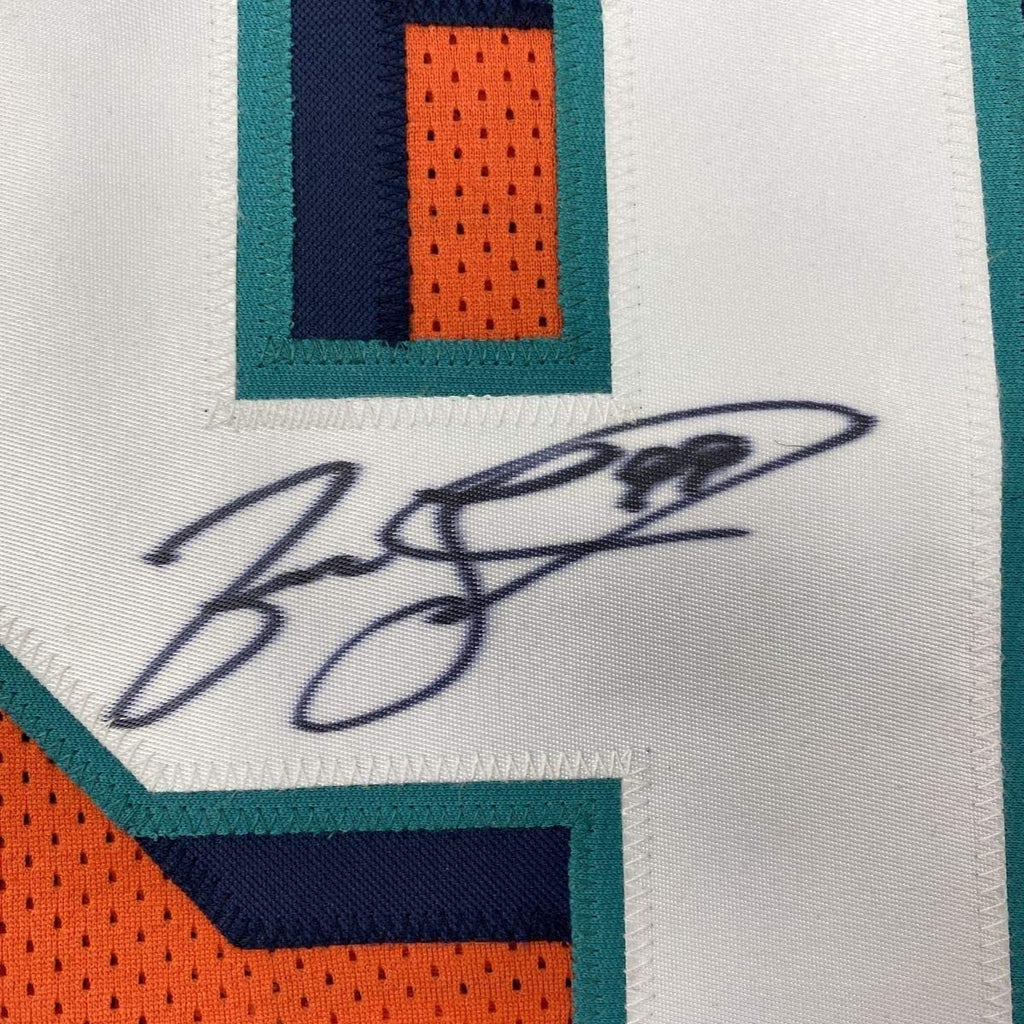 Framed Autographed/Signed Jason Taylor 35x39 Miami Orange Football Jersey JSA COA