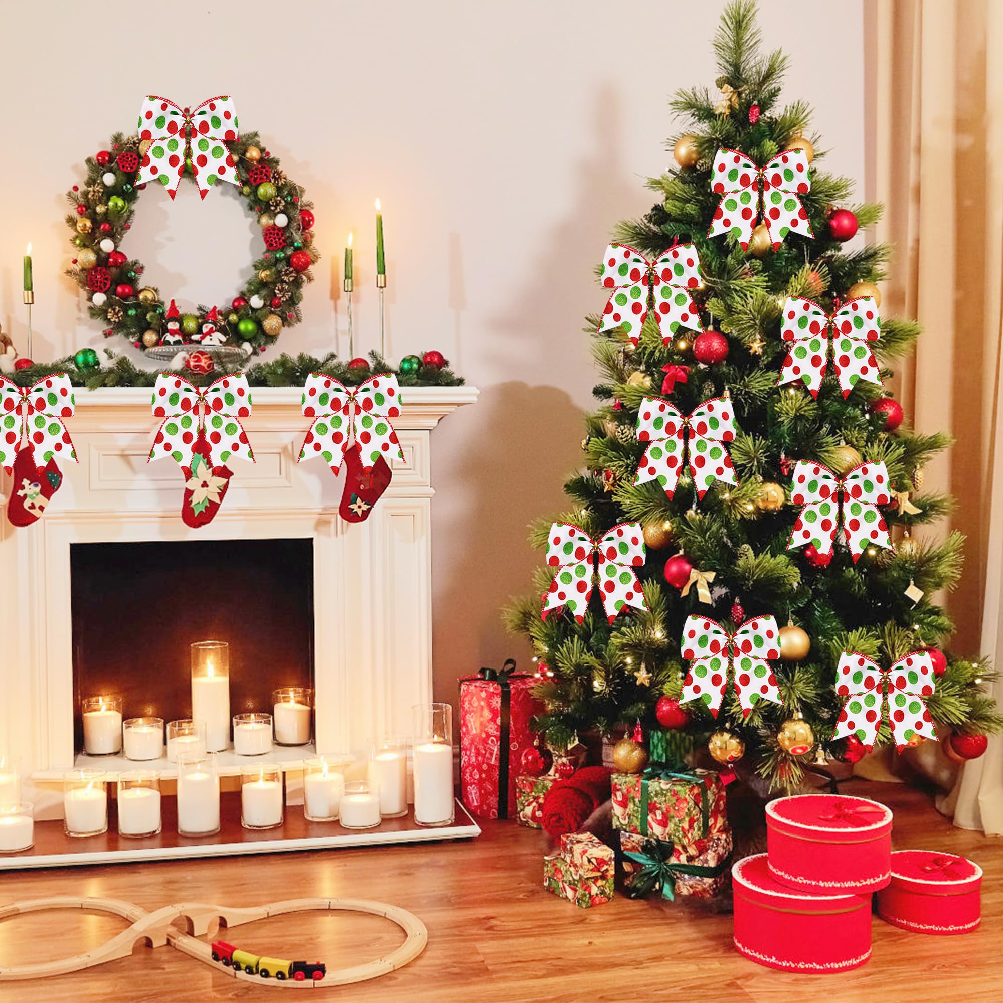 Hiagkmet 12 pcs Red Green Christmas Bows Ornaments 6 Inch Holiday Decor
