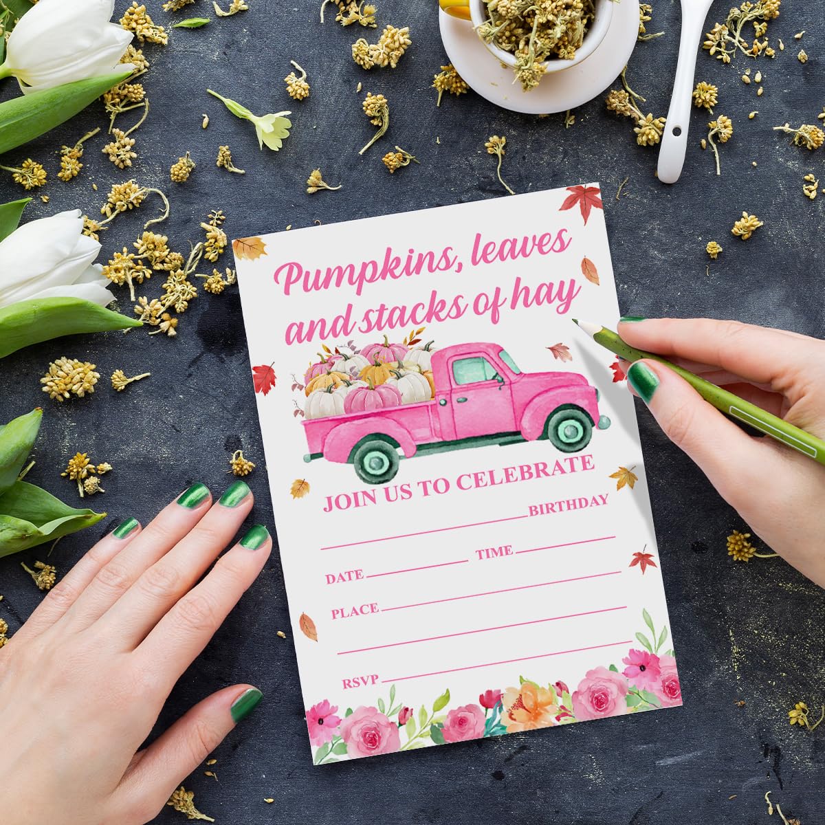 YGRBXJZD Fall Pumpkin Birthday Invitation Girl Pink Floral 4x6 20 Sets