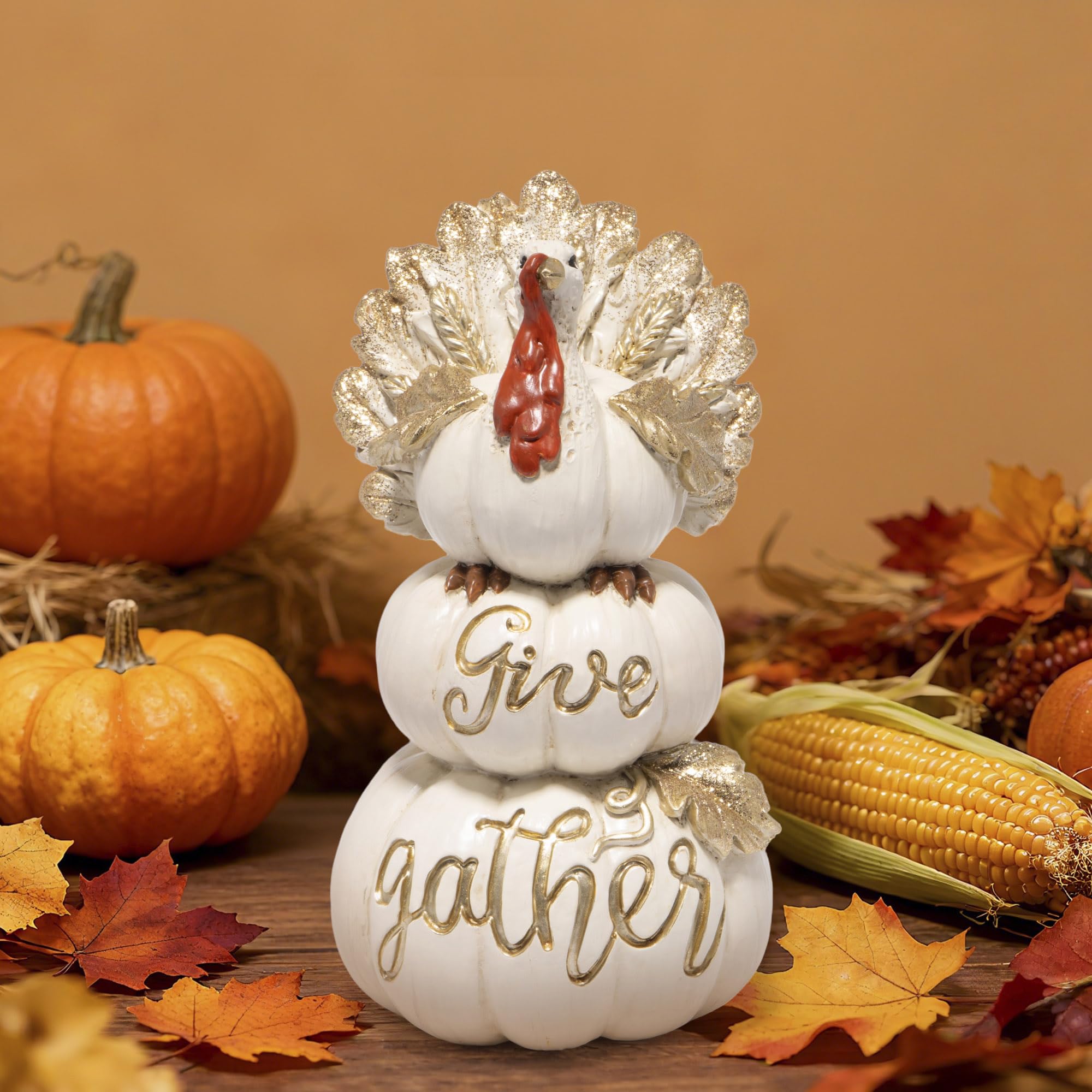 Hodao Thanksgiving Pumpkin Turkey Figurine 3 Stacked Pumpkins White Resin