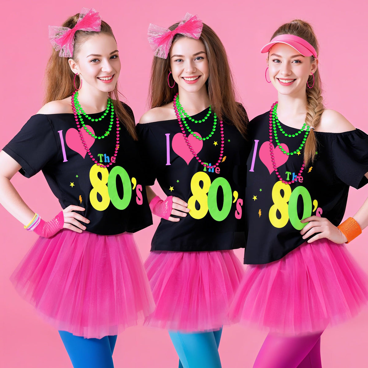 80s Outfit Costume Accessories for Women 1980s Outfits T Shirt Tutu Skirt Headband Bracelets Gloves for Theme Party Multicolor