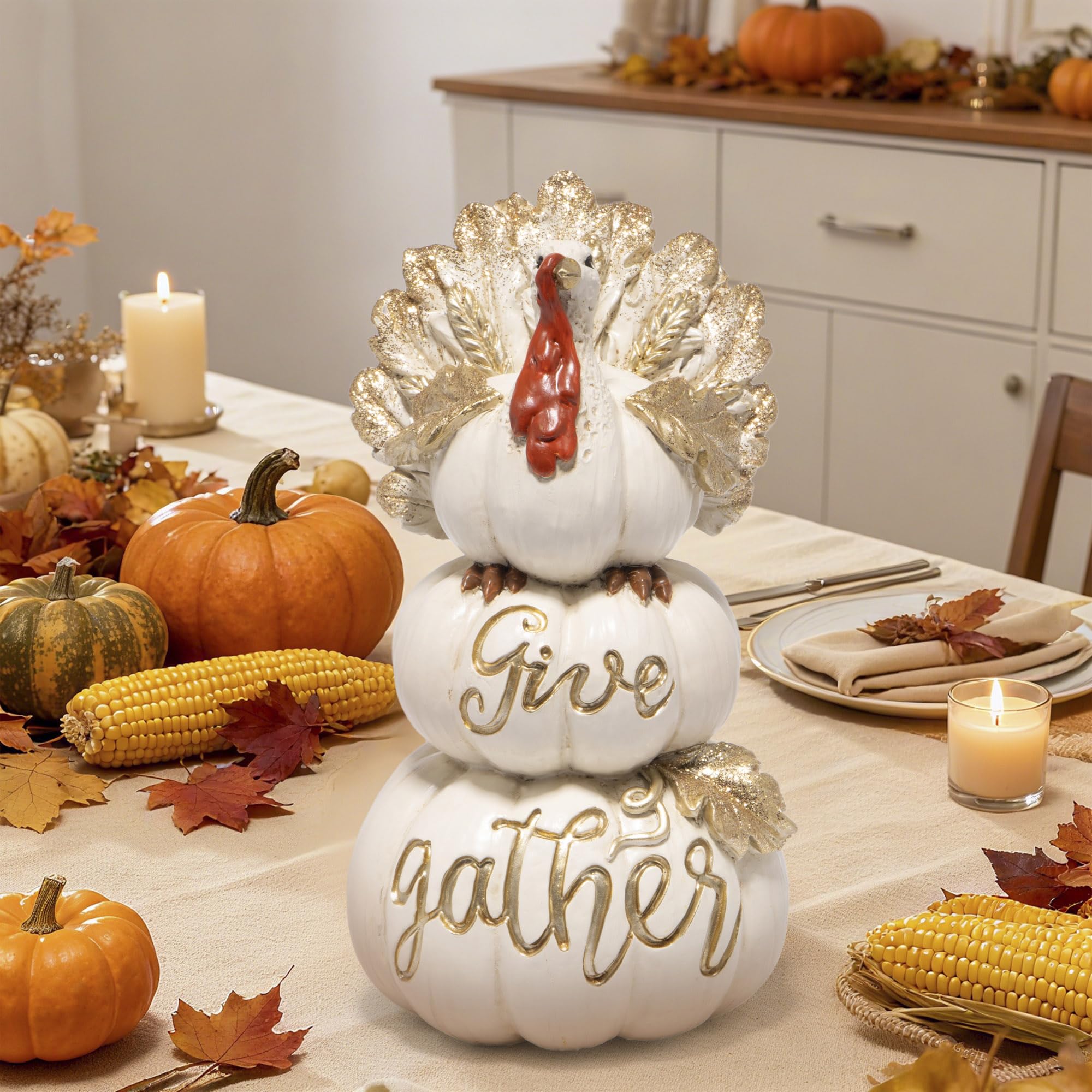 Hodao Thanksgiving Pumpkin Turkey Figurine 3 Stacked Pumpkins White Resin