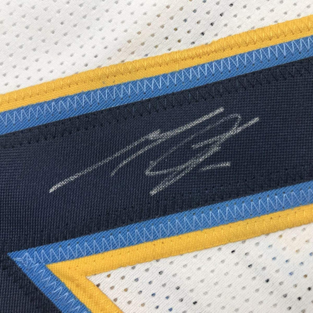 Framed Autographed/Signed Melvin Gordon 35x39 Los Angeles LA White Football Jersey JSA COA