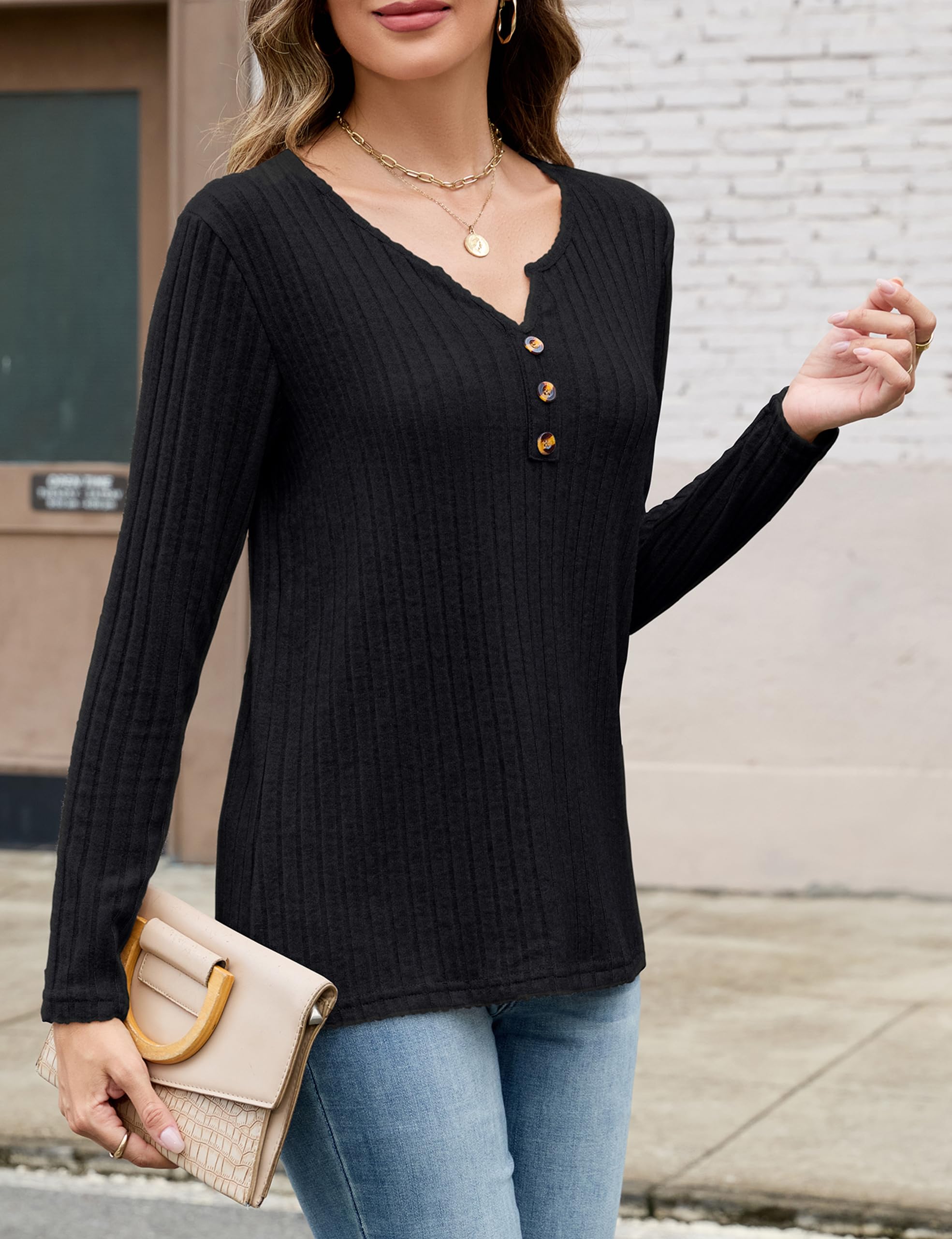 Edelqual Womens Long Sleeve Henley V Neck Sweater Black Size M