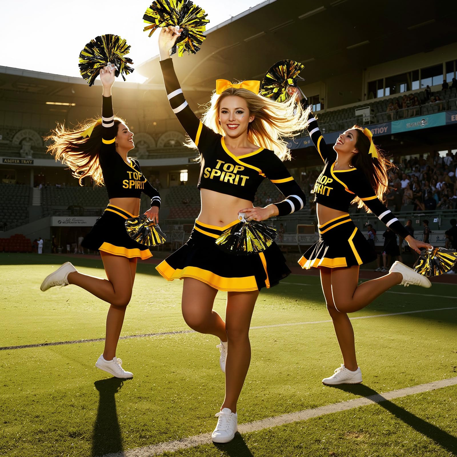ROC PARTY Women Cheerleader Costume Yellow with Hairpins Pom Poms Size S
