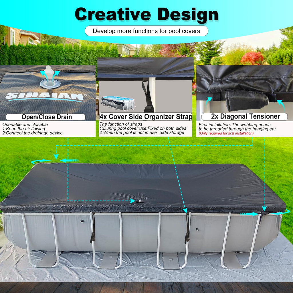 SIHAIAN 16x28Ft Oval Pool Cover UV Weather Resistant Side Storage