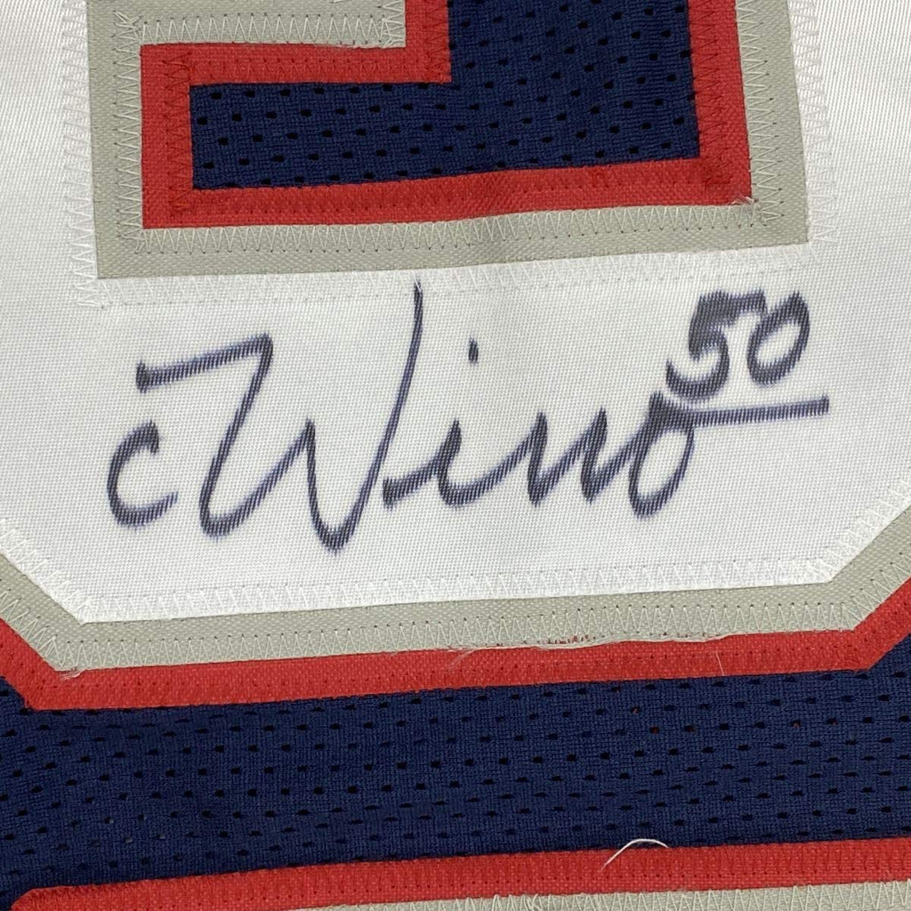 Framed Autographed/Signed Chase Winovich 35x39 New England Blue Football Jersey Beckett BAS COA