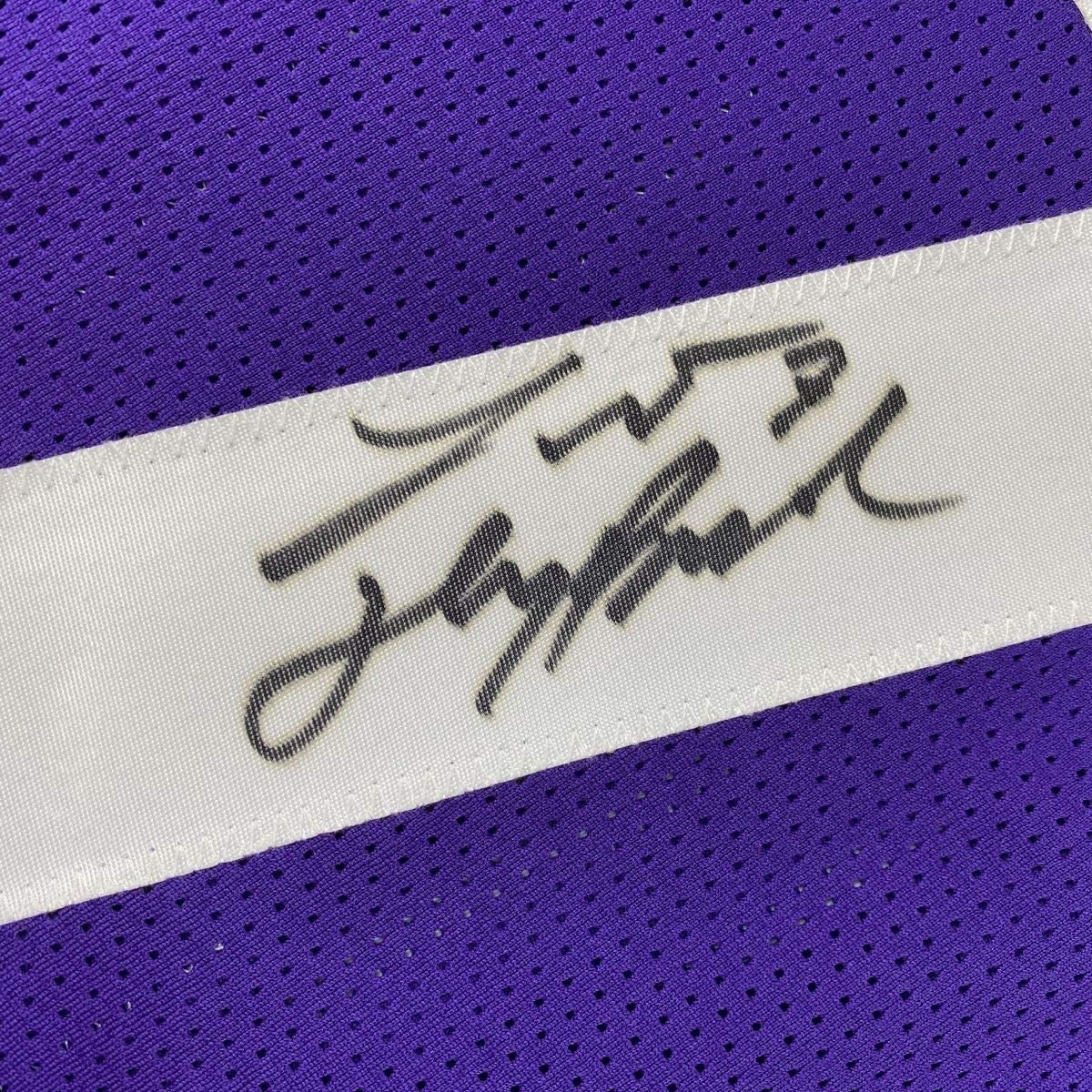 Framed Autographed/Signed Tyrann Mathieu Inscribed Honey Badger 35x39 LSU Purple College Football Jersey PSA/DNA COA