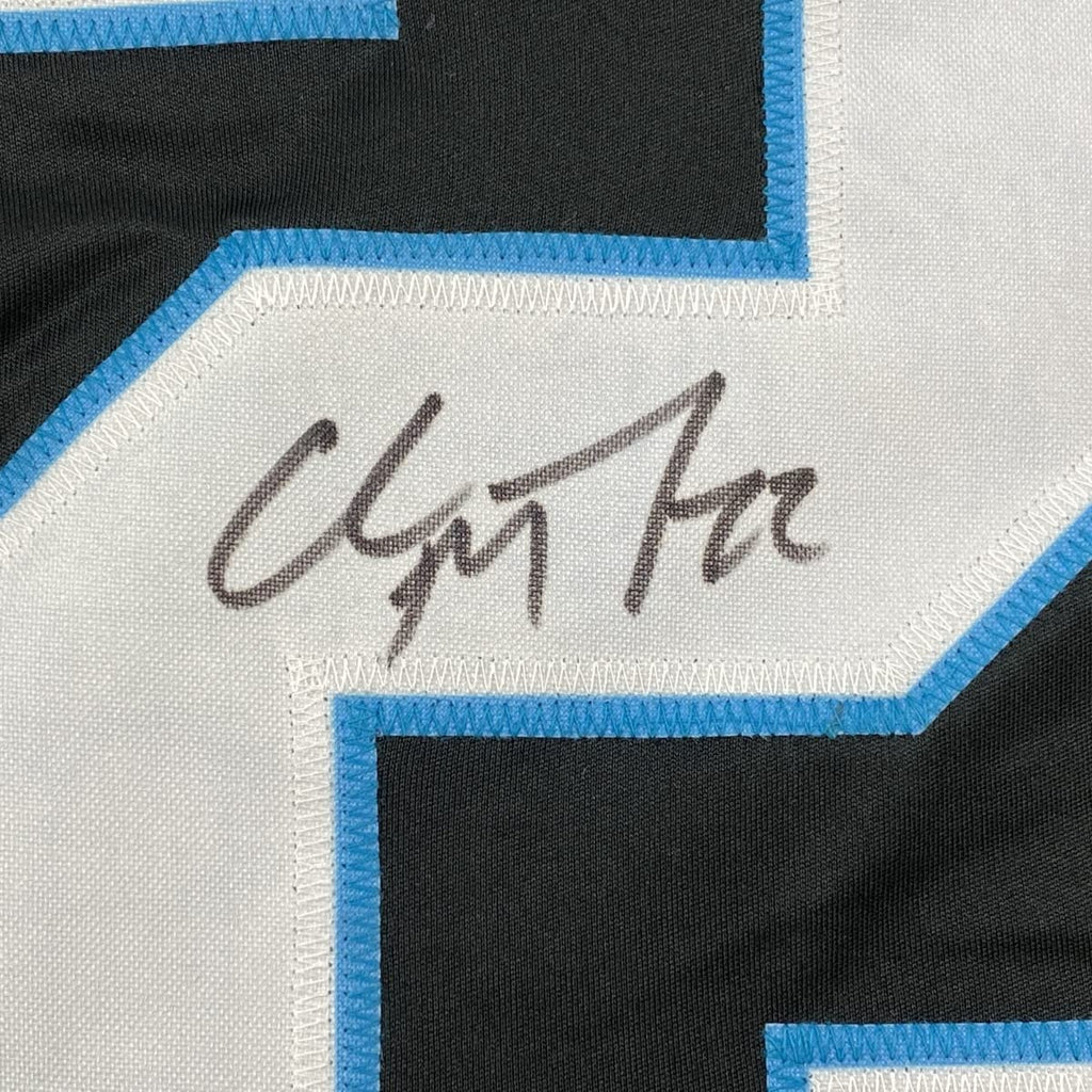 Framed Autographed/Signed Christian McCaffrey 35x39 Carolina Black Football Jersey Beckett BAS COA