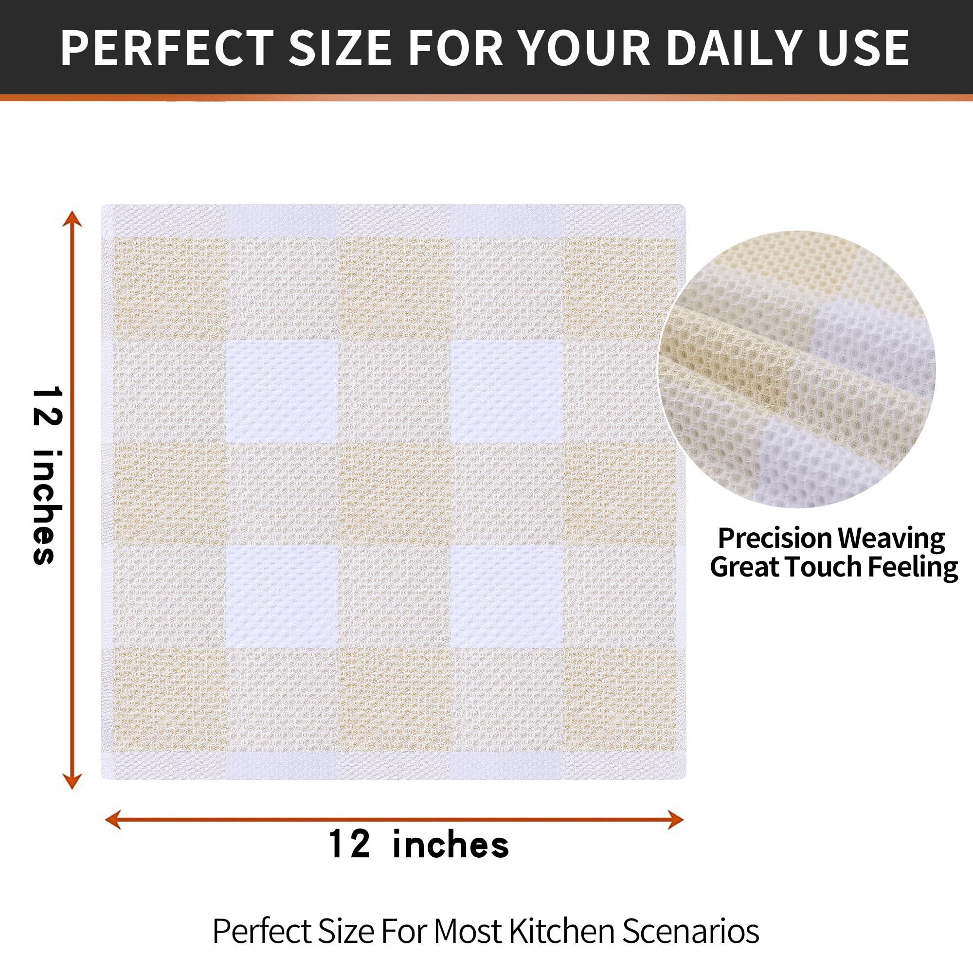 Homaxy Cotton Waffle Weave Check Plaid Dish Cloths 12x12 White Beige 6-Pack