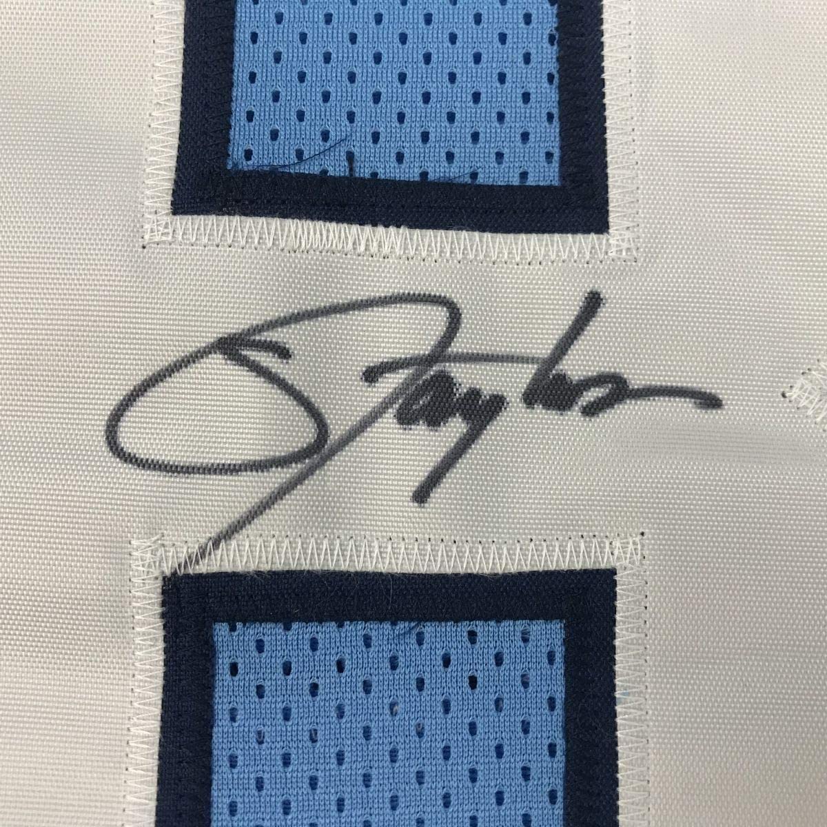 Framed Autographed/Signed Lawrence Taylor 35x39 North Carolina Blue College Football Jersey JSA COA Holo Only