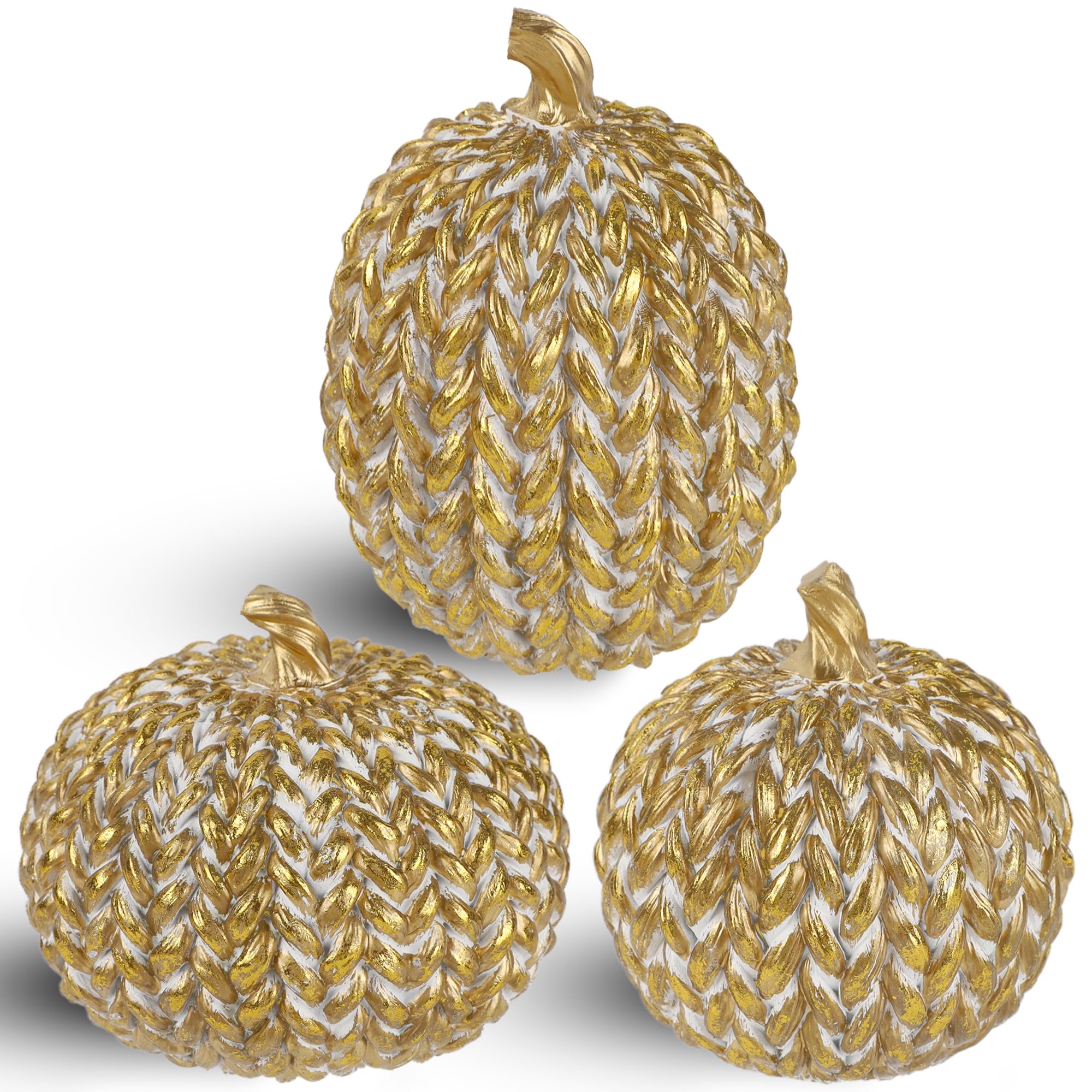 winemana Fall Decorations Set of 3 Gold White Resin Pumpkins Woven Design