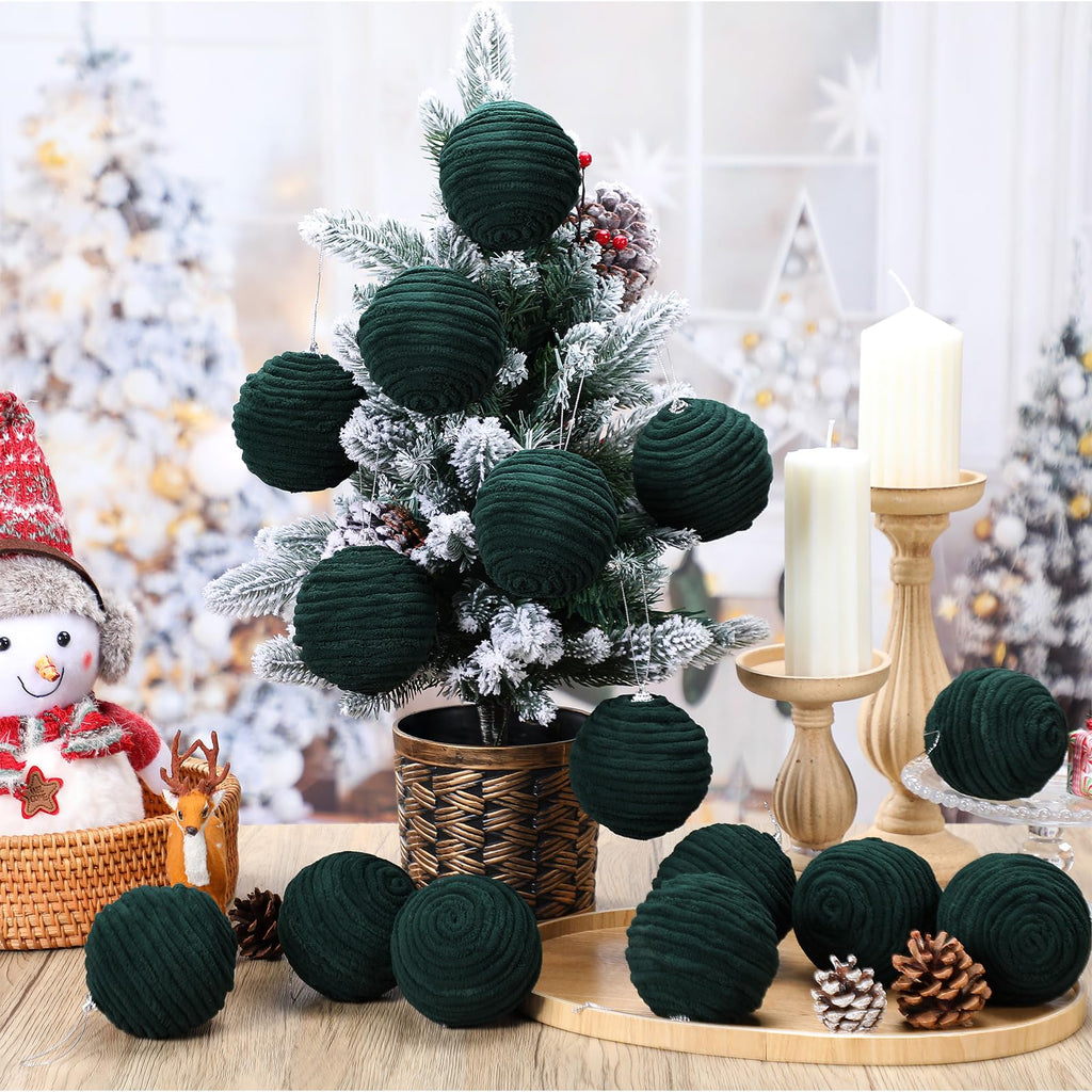 Soulchen 15 Pcs 3.15" Large Green Velvet Flocked Christmas Balls Ornaments
