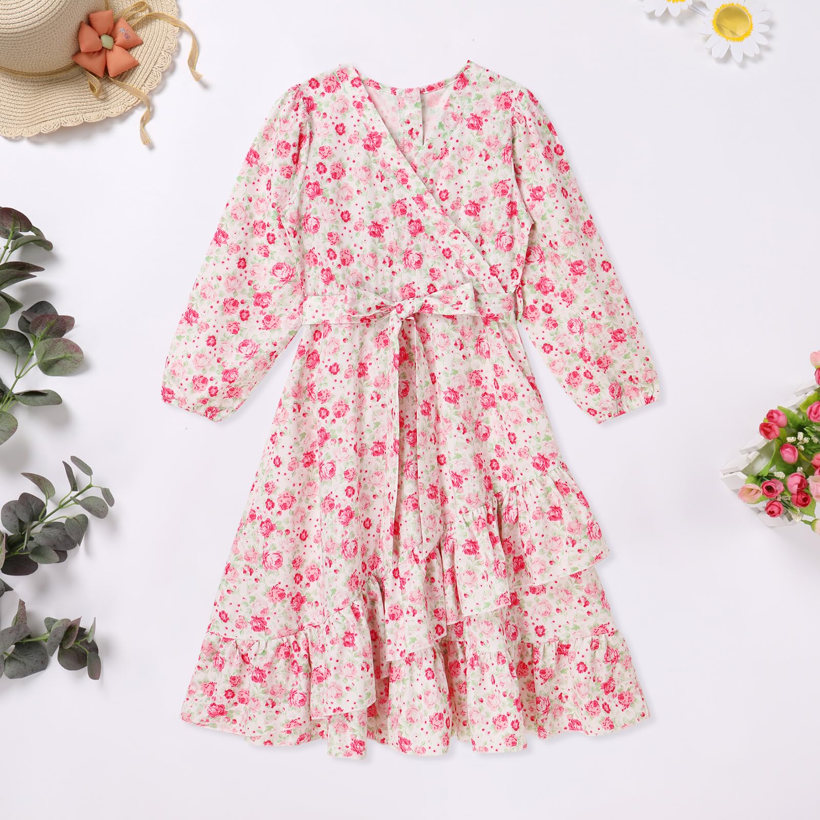 AWIBMK Mommy and Me Floral Boho A-Line V Neck Long Sleeve Dress Blue Pink Size L
