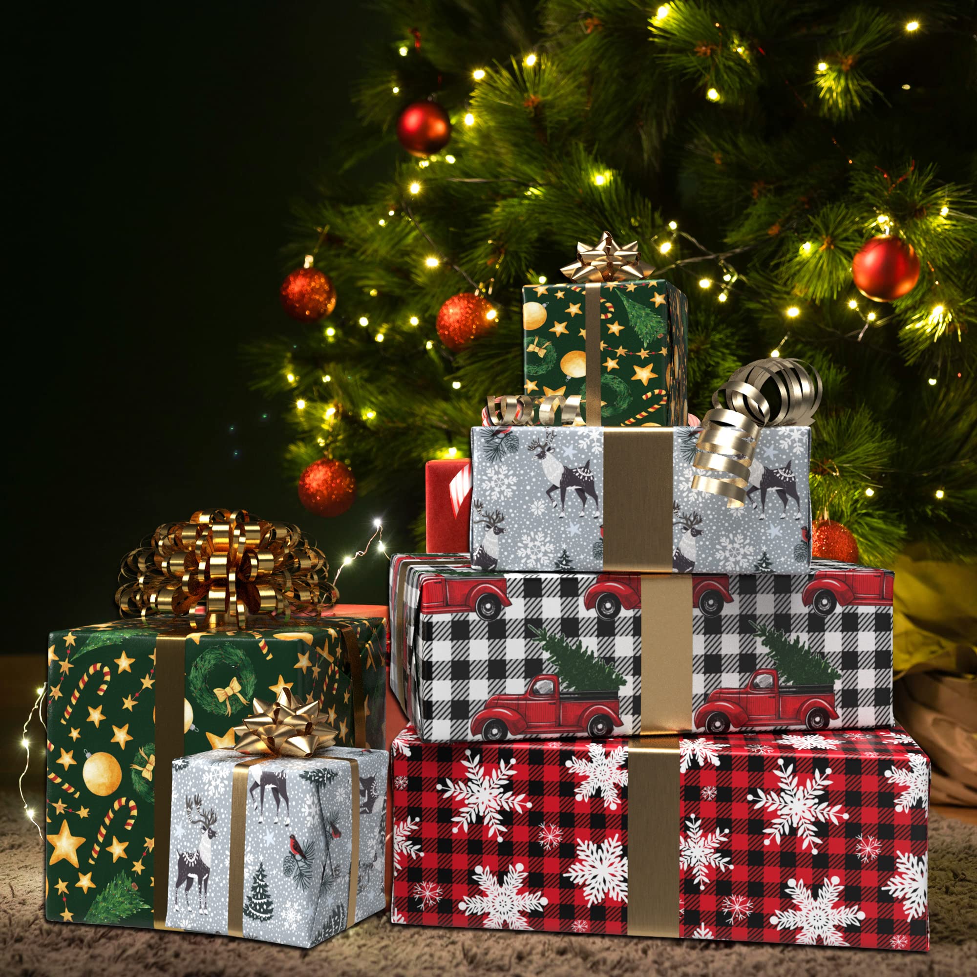 GIOLNIAY Christmas Wrapping Paper Snowflakes Red Black Plaid 28x40 4 Sheets