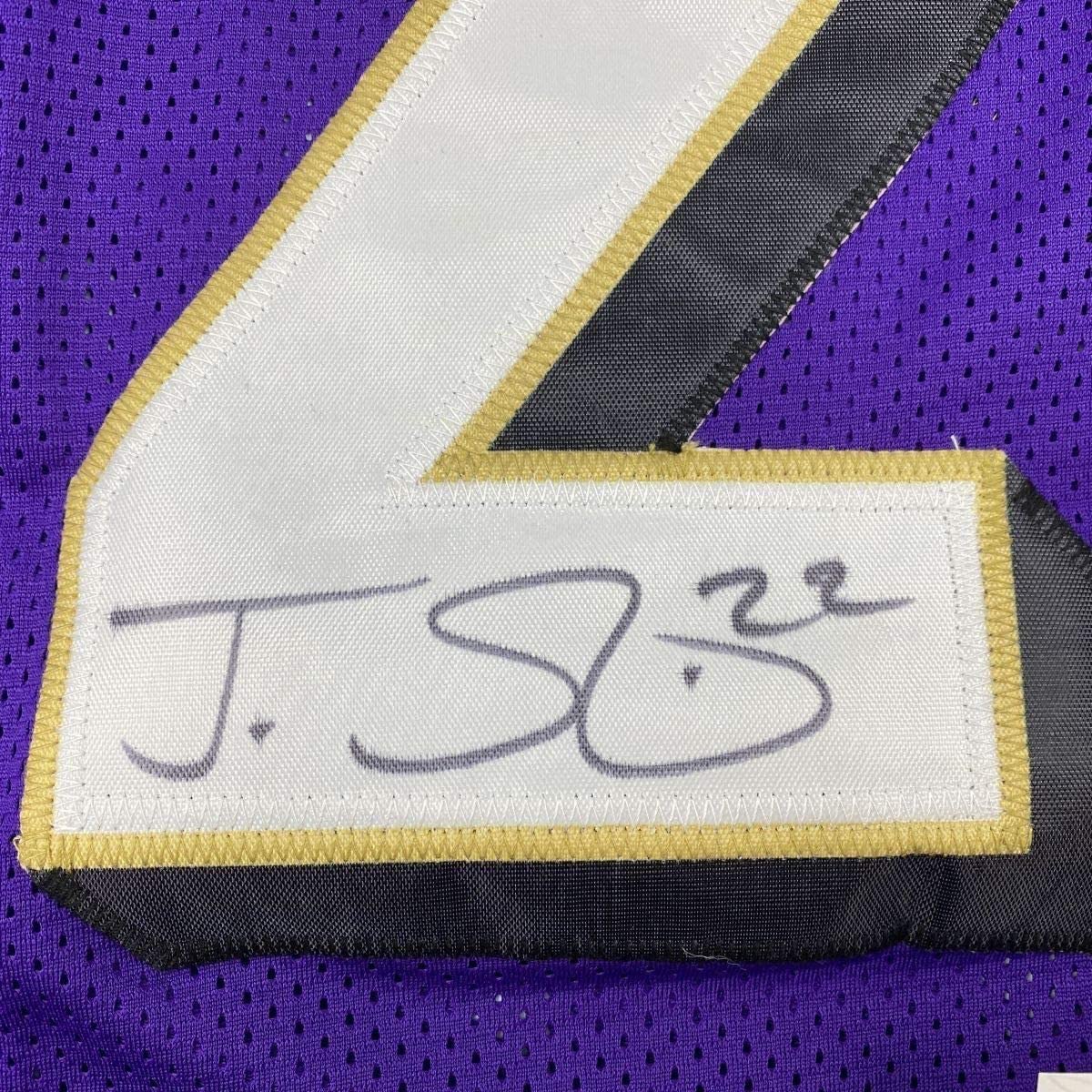 Framed Autographed/Signed Jimmy Smith 35x39 Baltimore Purple Football Jersey JSA COA