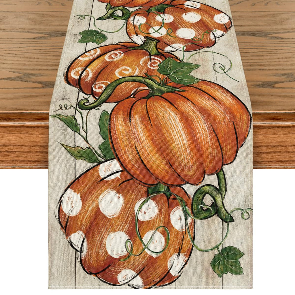 Artoid Mode Polka Dot Pumpkins Vine Wood Fall Table Runner 13x36 Inch