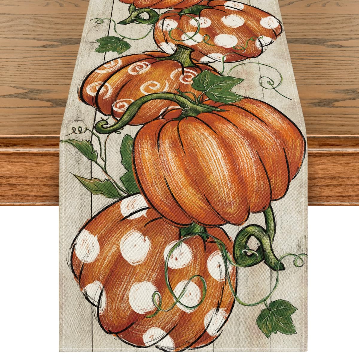 Artoid Mode Polka Dot Pumpkins Vine Wood Fall Table Runner 13x36 Inch