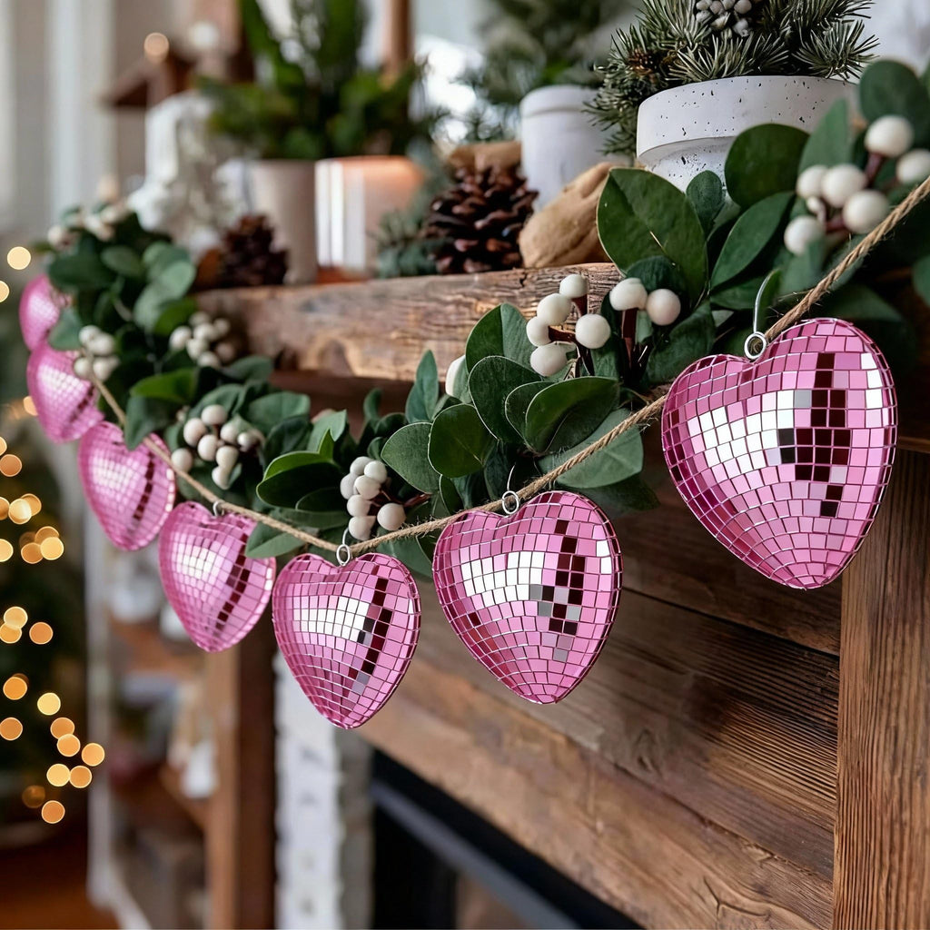 Mindsoft 8.2 ft Valentine's Day Pink Disco Heart Garland Farmhouse Heart Hanging Ornaments Mirror Disco Ball Modern Valentine's Day Decorations Gifts for Bride Shower Wedding Anniversary Party Favors