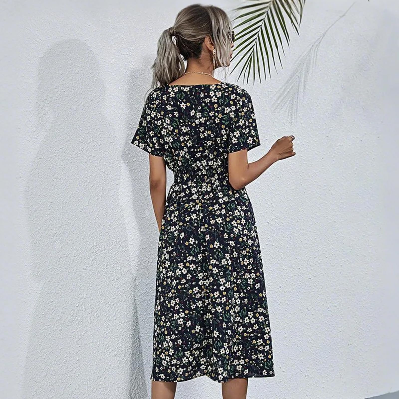 HEBELD Womens Midi Floral V Neck Wrap Dress Elastic Waist Black Size M