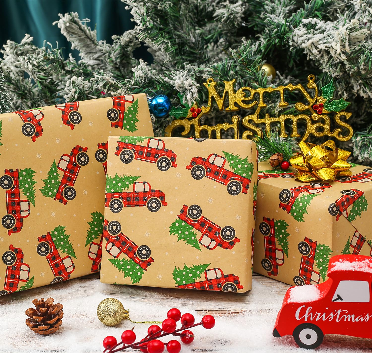CAMKUZON Kraft Christmas Wrapping Paper Roll Vintage Red Black Plaid 17.4 Inch