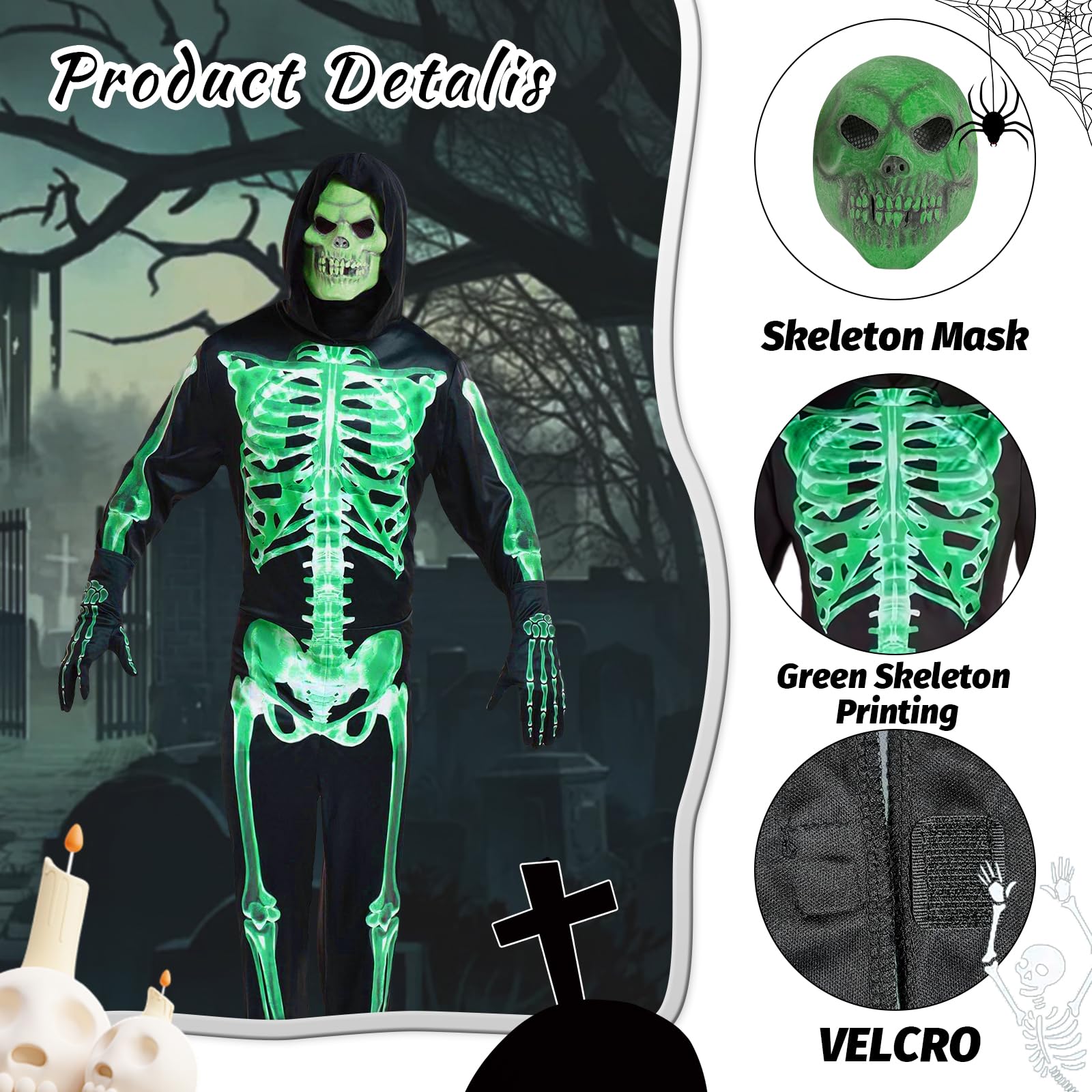XXLOG Glow in the Dark Skeleton Costume Hooded Jumpsuit Halloween Cosplay Adult