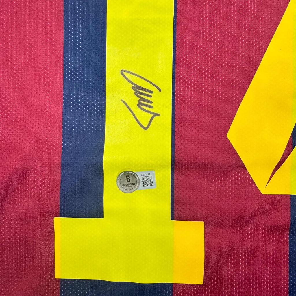 Framed Autographed/Signed Javier Mascherano 35x39 FC Barcelona Blue Soccer Jersey Beckett BAS COA