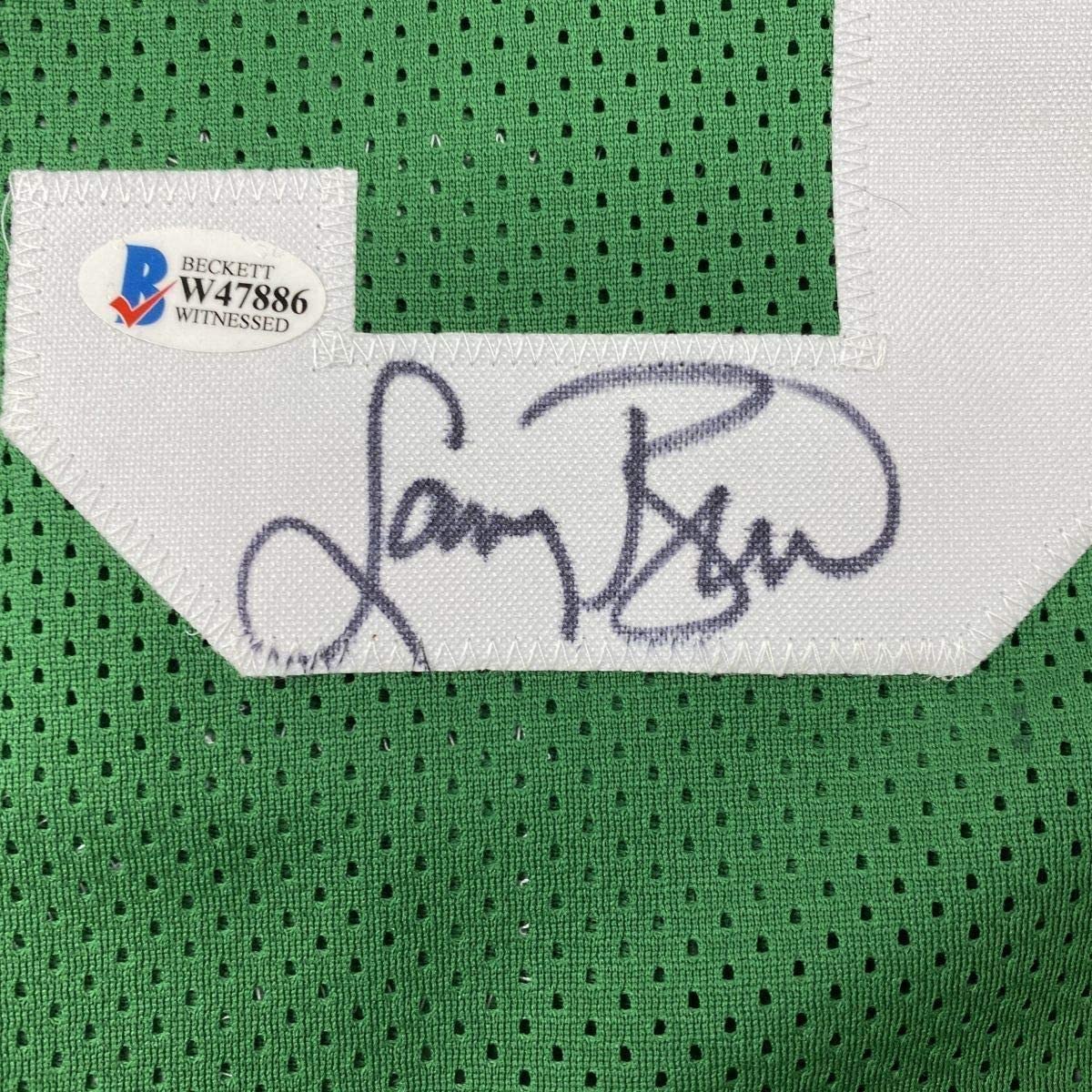Framed Autographed/Signed Larry Bird 35x39 Boston Green Basketball Jersey Beckett BAS COA