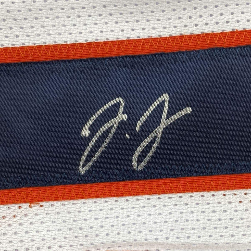 Framed Autographed/Signed Jerry Jeudy 35x39 Denver White Football Jersey JSA COA