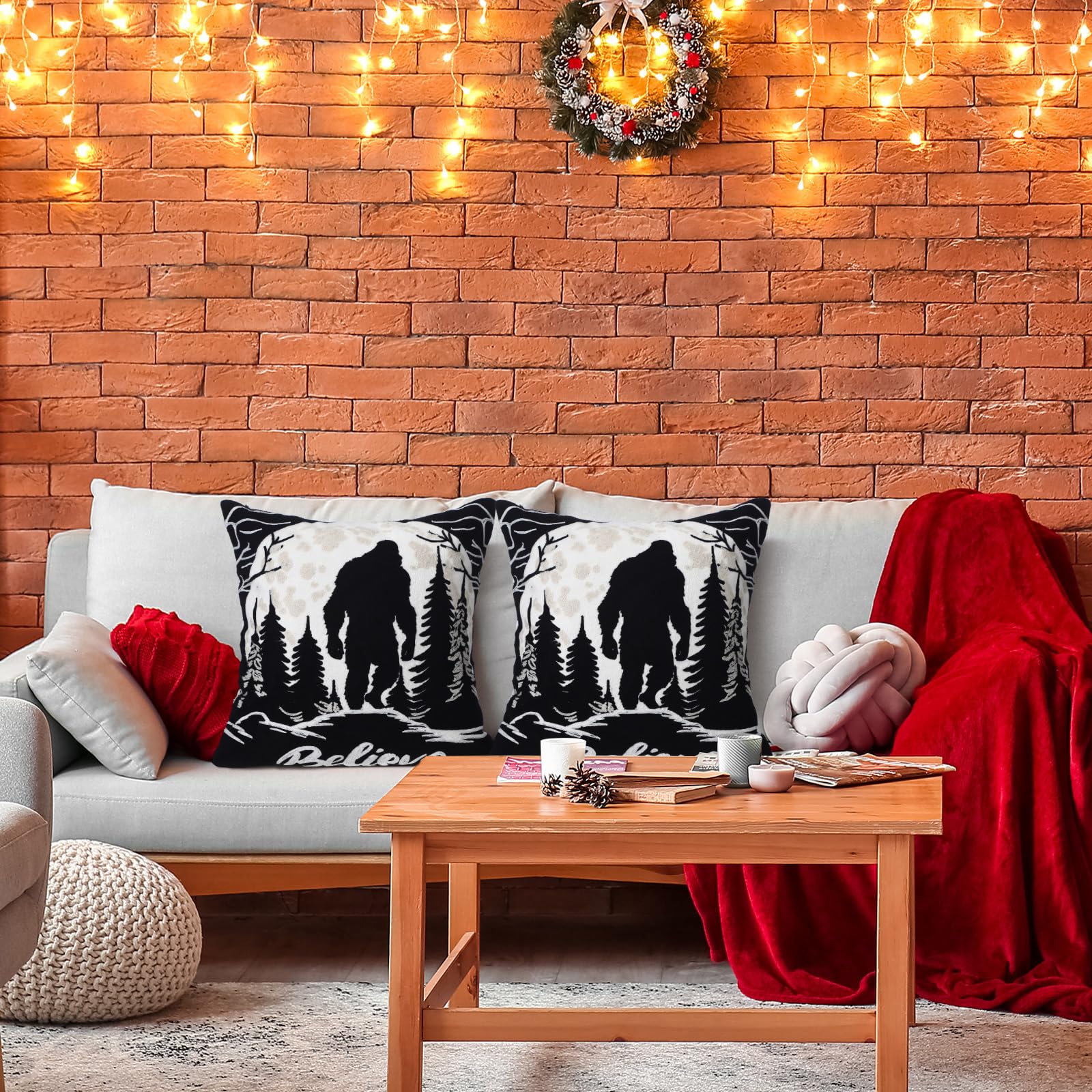 Burbell Bigfoot Christmas Pillow Covers Set of 2 Black 18x18
