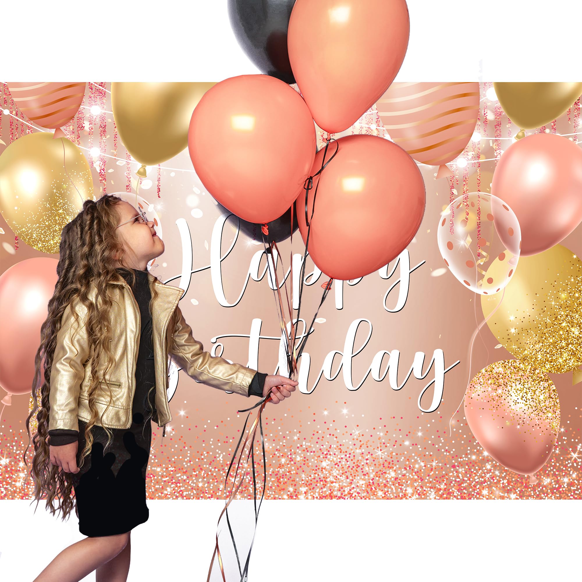 Riyidecor Happy Birthday Backdrop Champagne Pink Gold Balloons 7x5ft Polyester